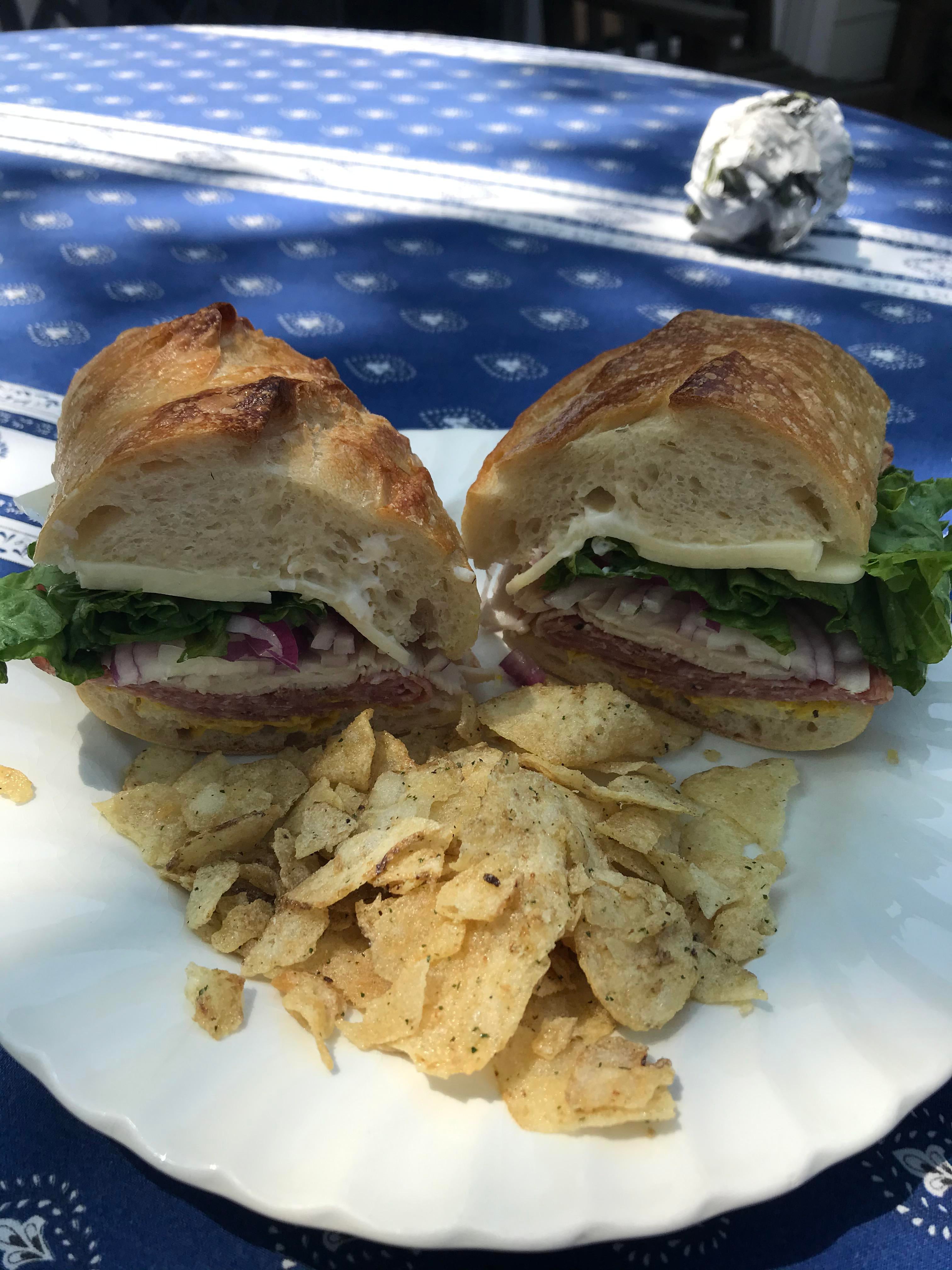 Turkey and salami, lettuce, onion, mayo, mustard, and havarti on a San