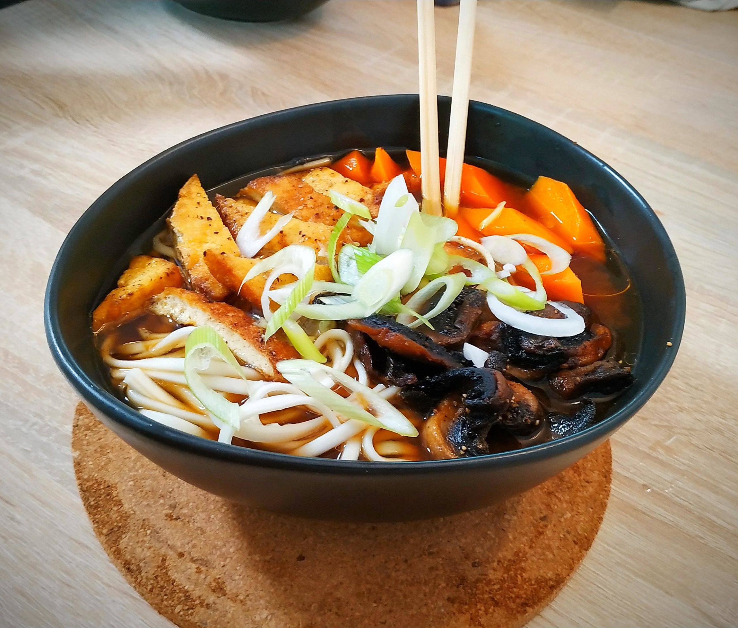 Vegan ramen with tofu, mushrooms and carrots Dining and Cooking