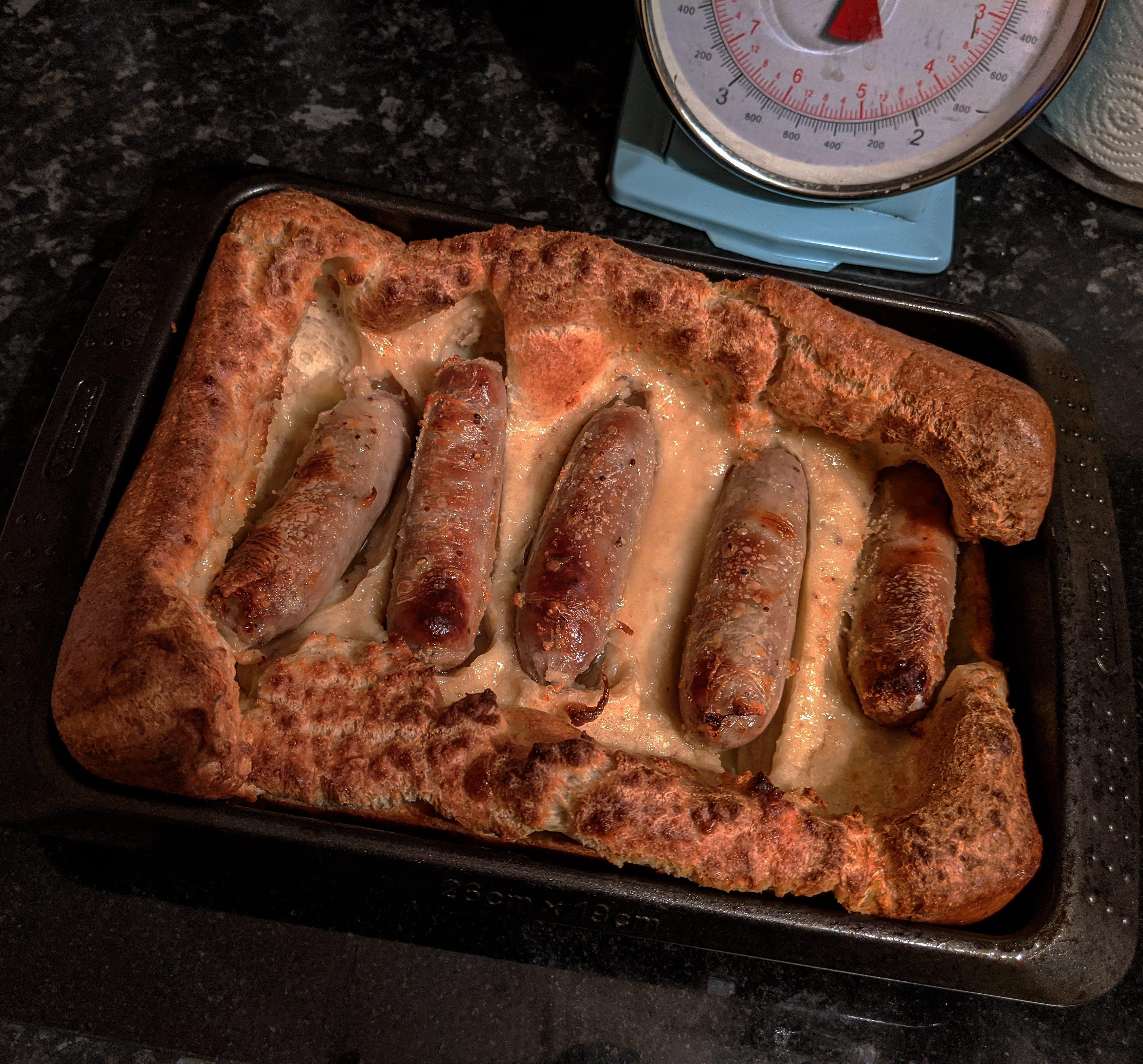 Toad in the hole! Cumberland sausages, wholegrain mustard batter and