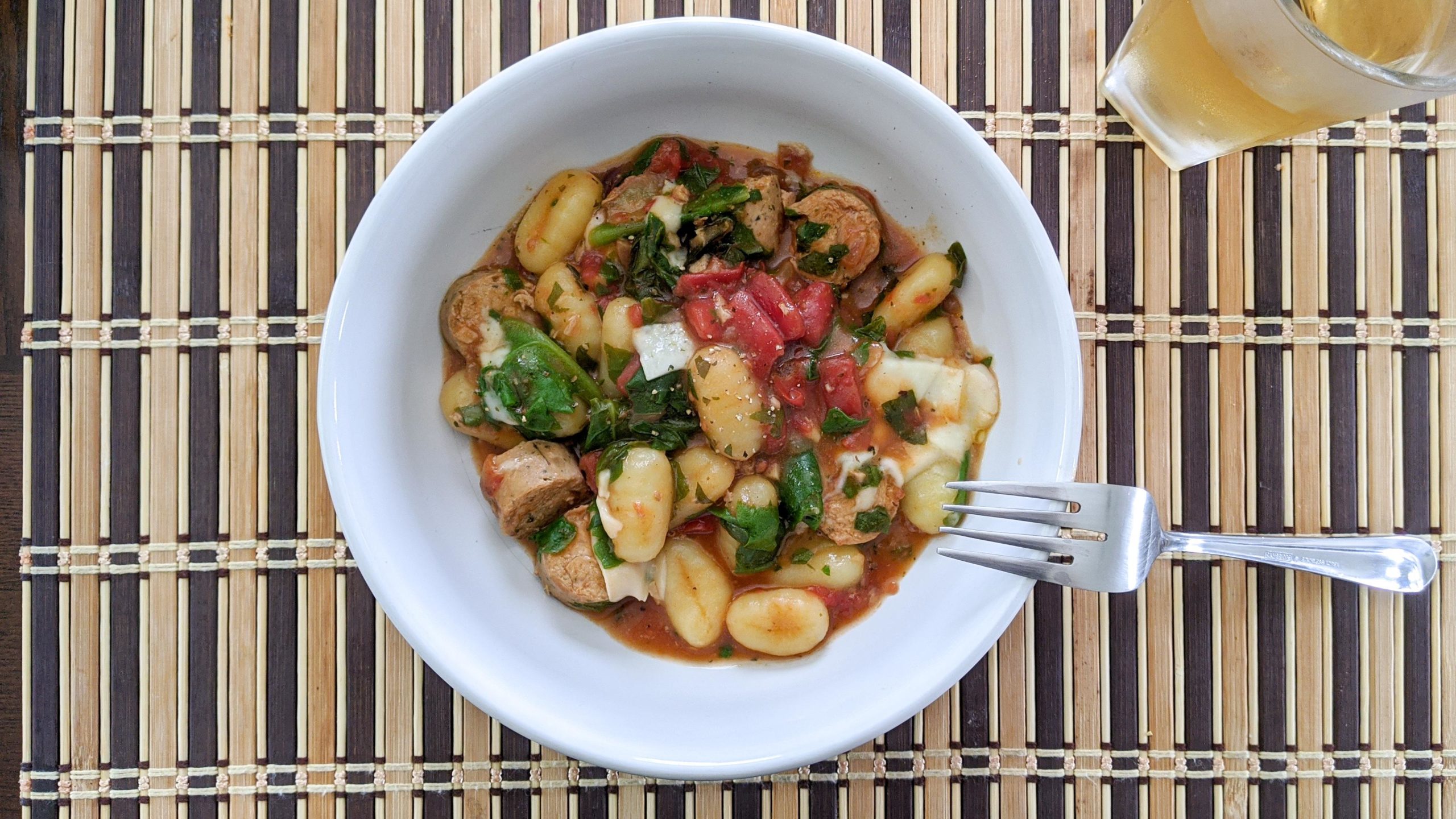 Gnocchi, Trader Joe's veggie sausage, and freshly grown spinach