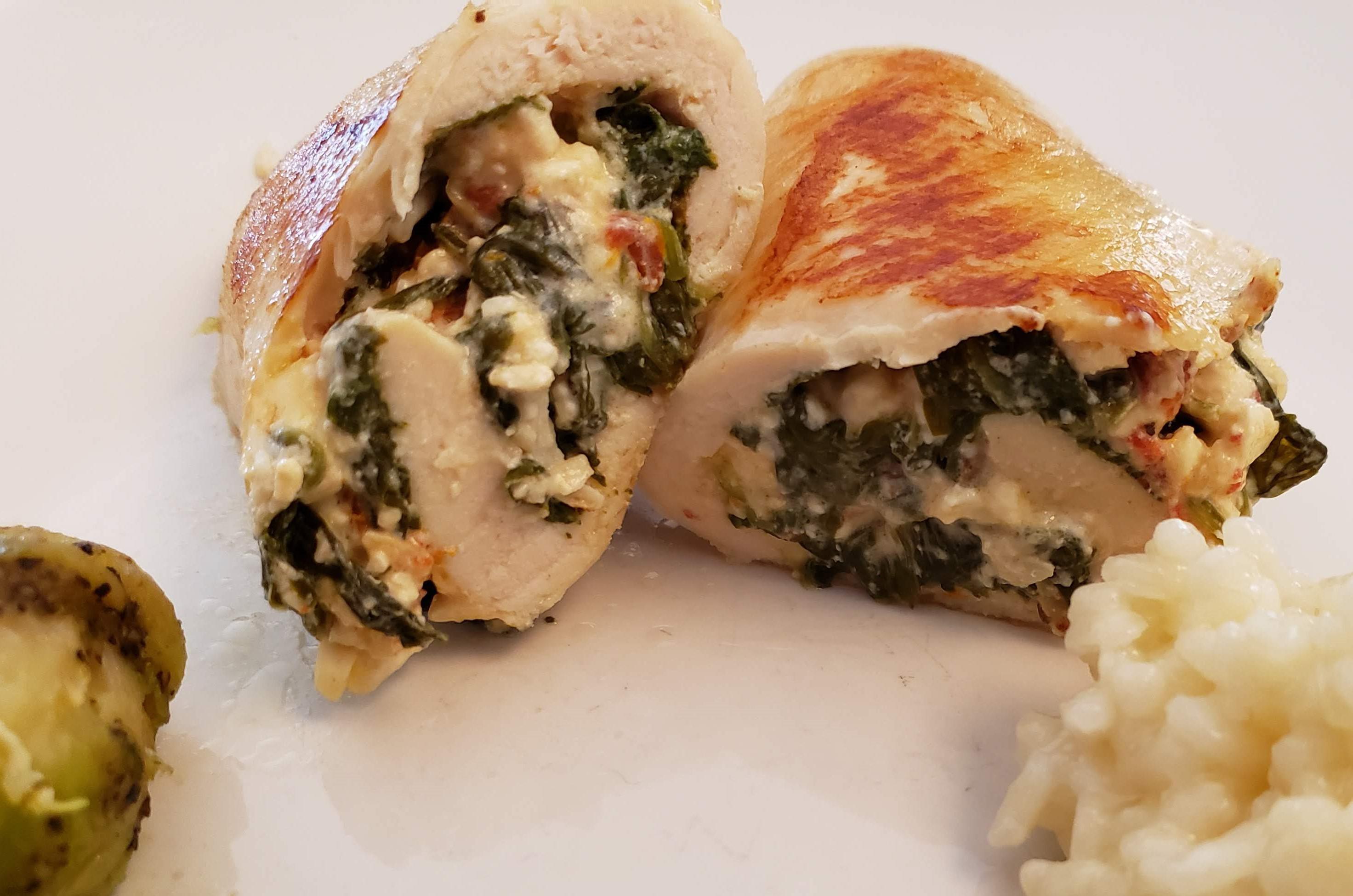 Sundried Tomato, Spinach, and Feta Chicken Roulade. 150F for 3 hours, panseared to finish