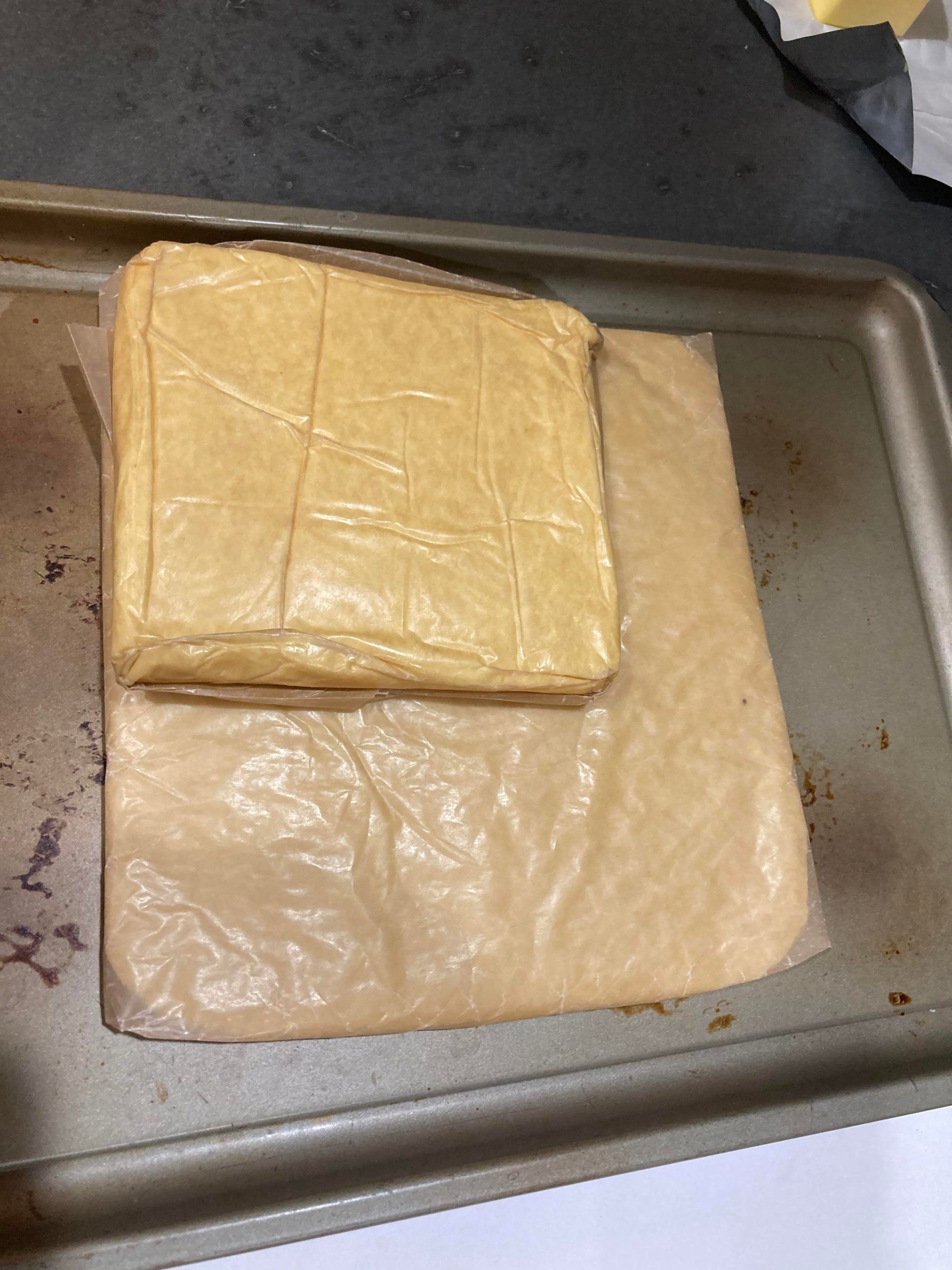 Dough sheet and beurrage in the fridge! My first lamination tomorrow! 😳