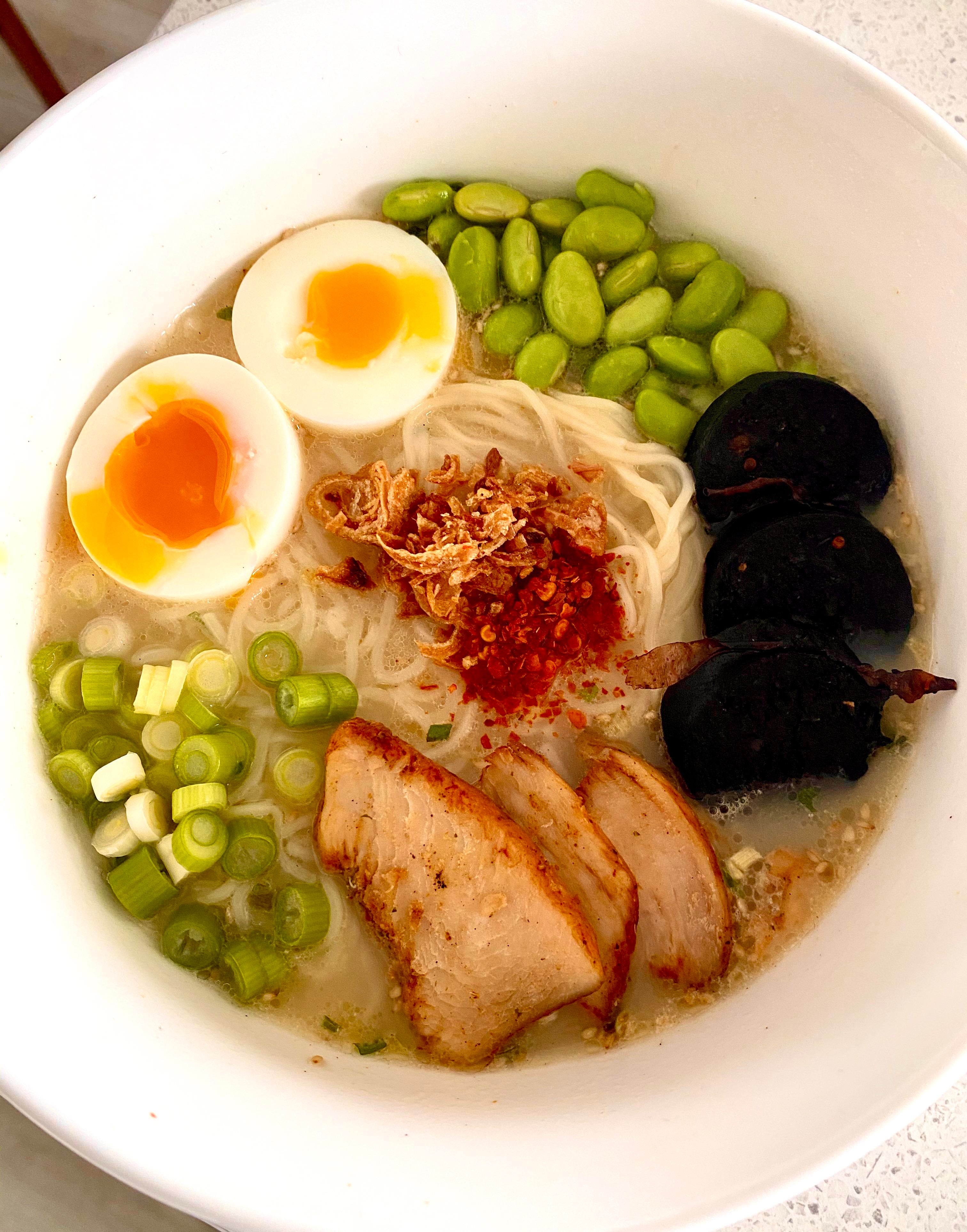 Instant Ramen with some roast chicken and blood sausage. Blood sausage