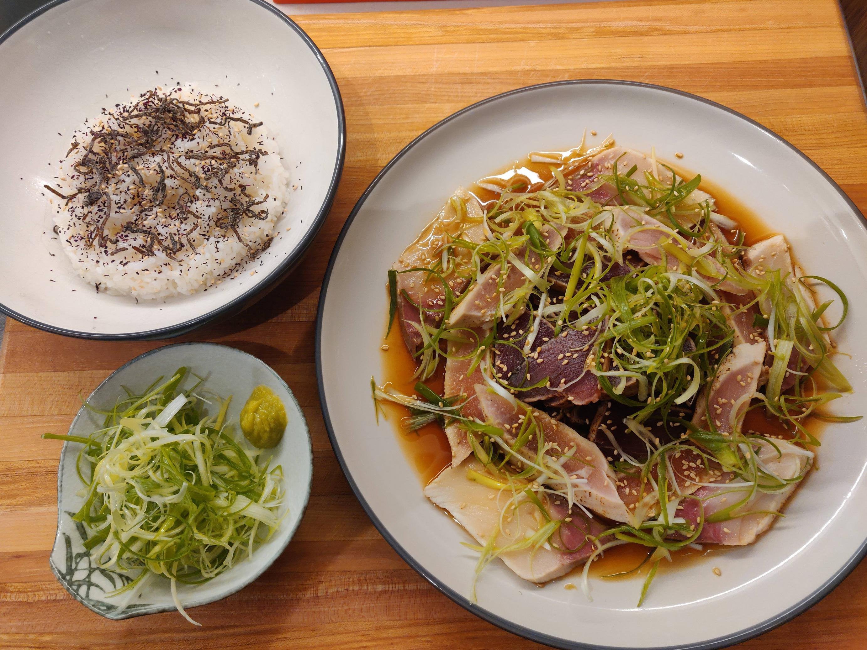 Katsuo, Albacore, and Hamachi tataki with a loootta green onions