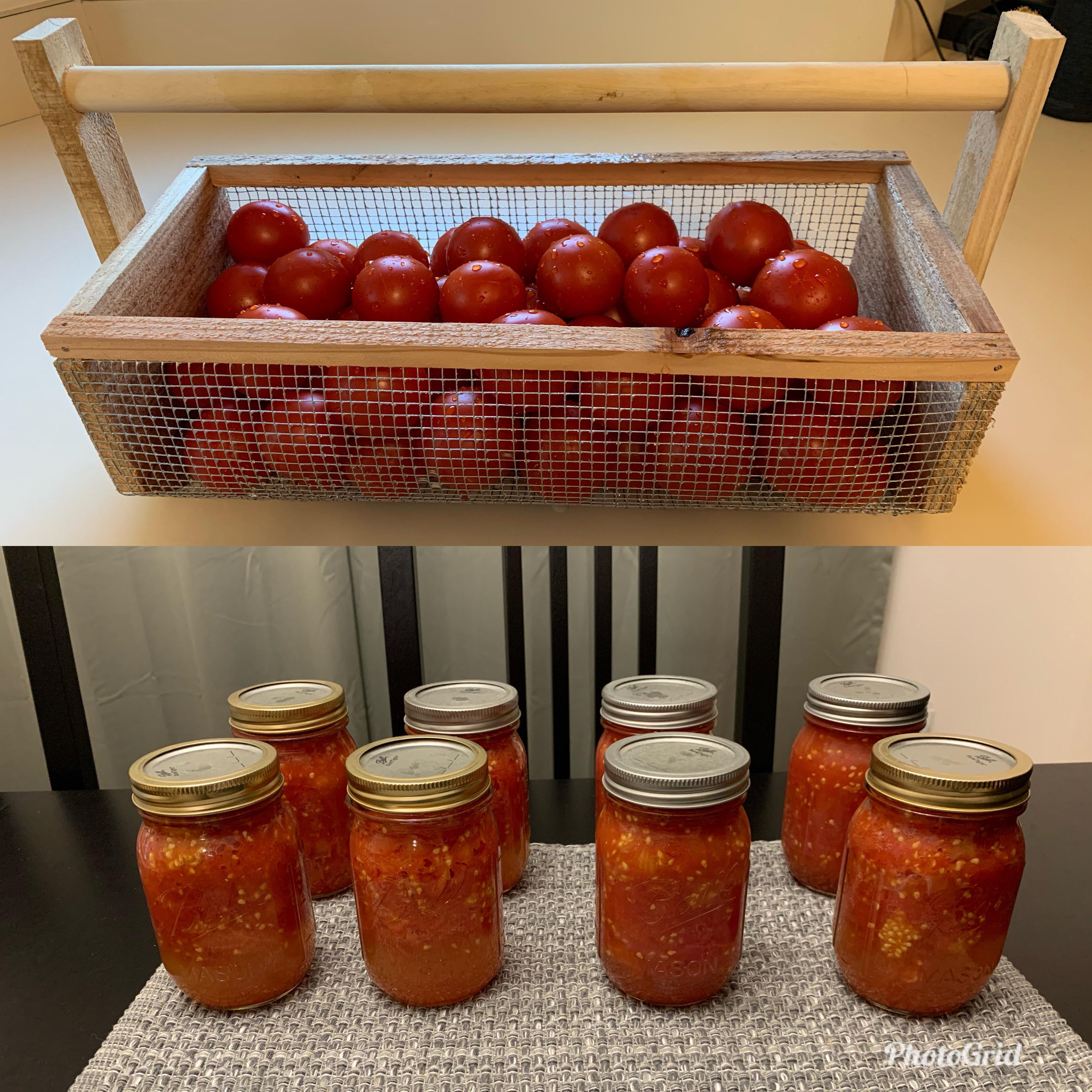 10 pounds of garden fresh tomatoes equals 8 pints of crushed tomatoes