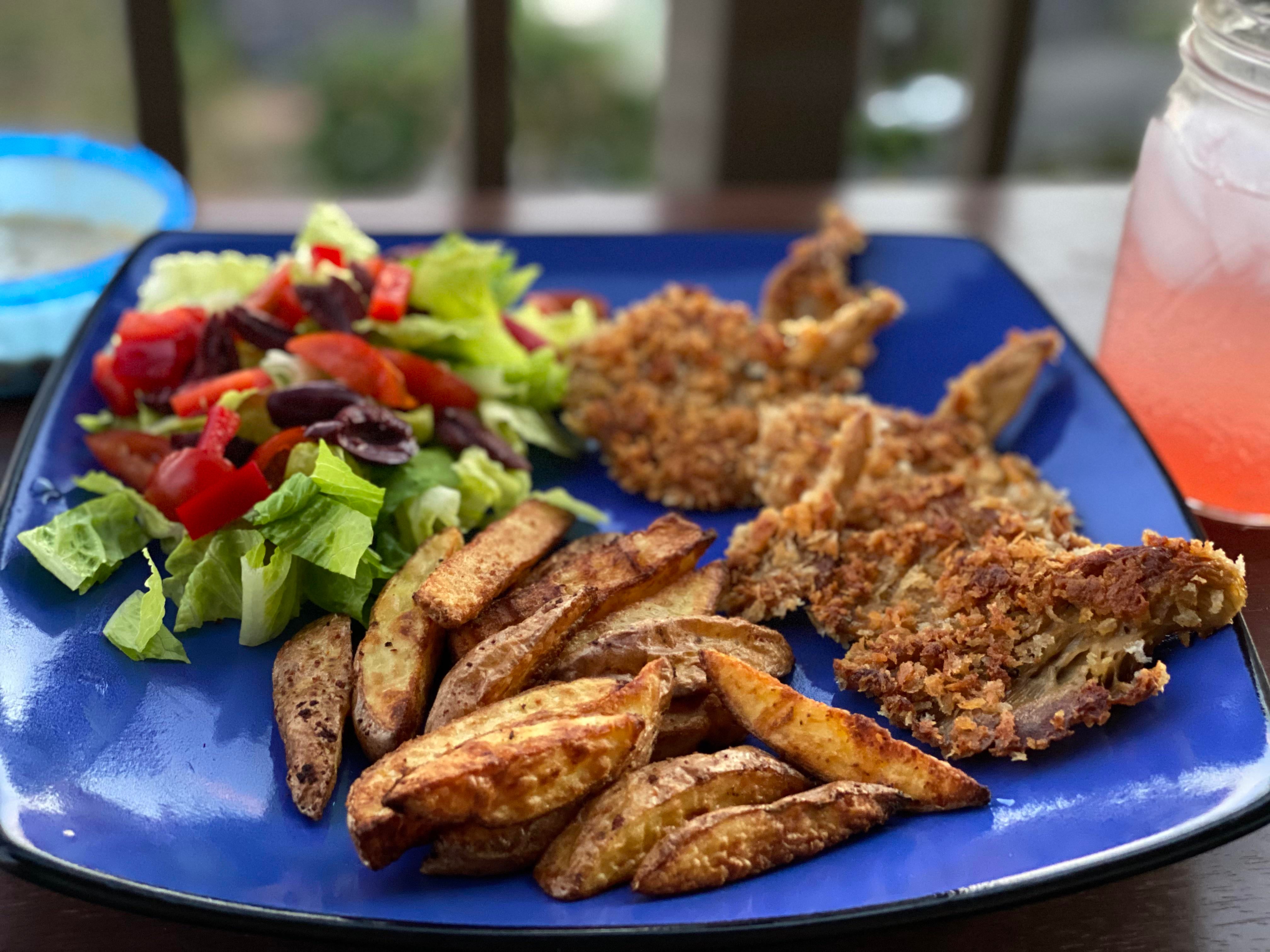 Vegan “fish” and chips. I fried oyster mushrooms and made fries in the