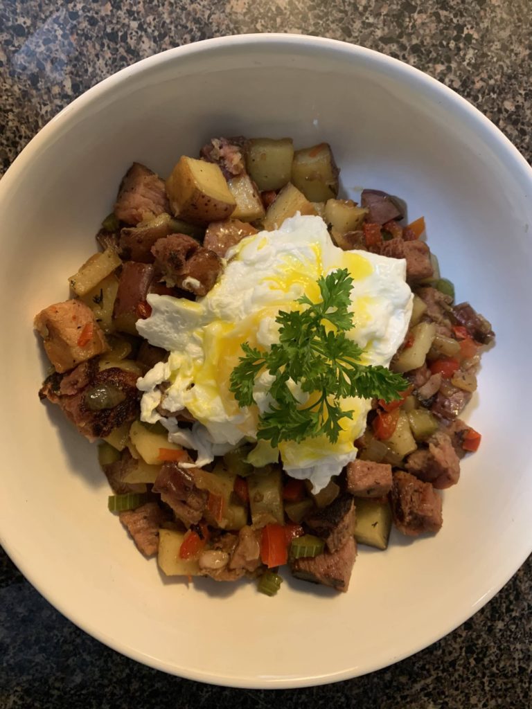 Ham & Potato Hash. With red bell pepper, onions, celery, and poached eggs