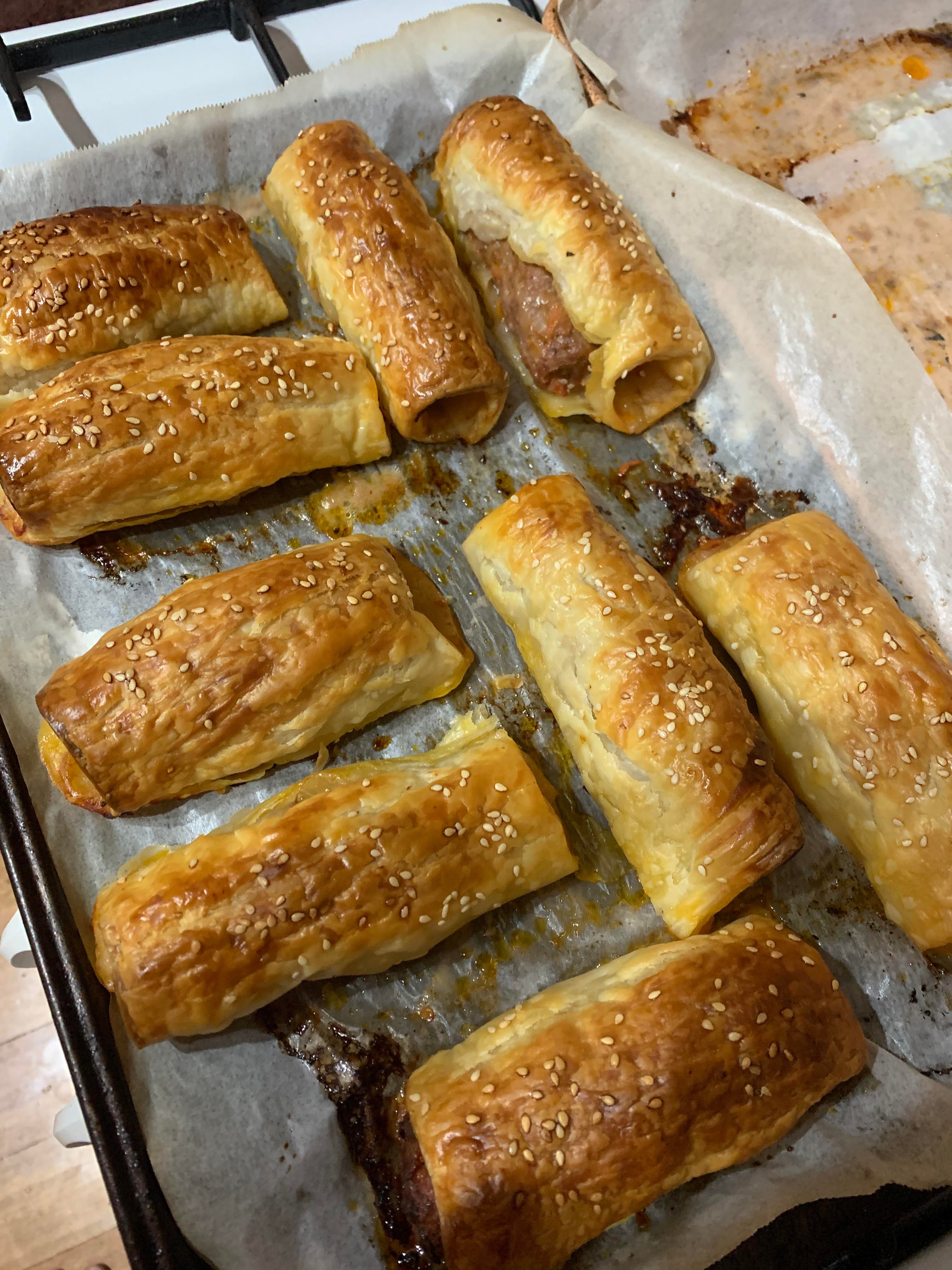 Beef sausage rolls & an exploded one Dining and Cooking