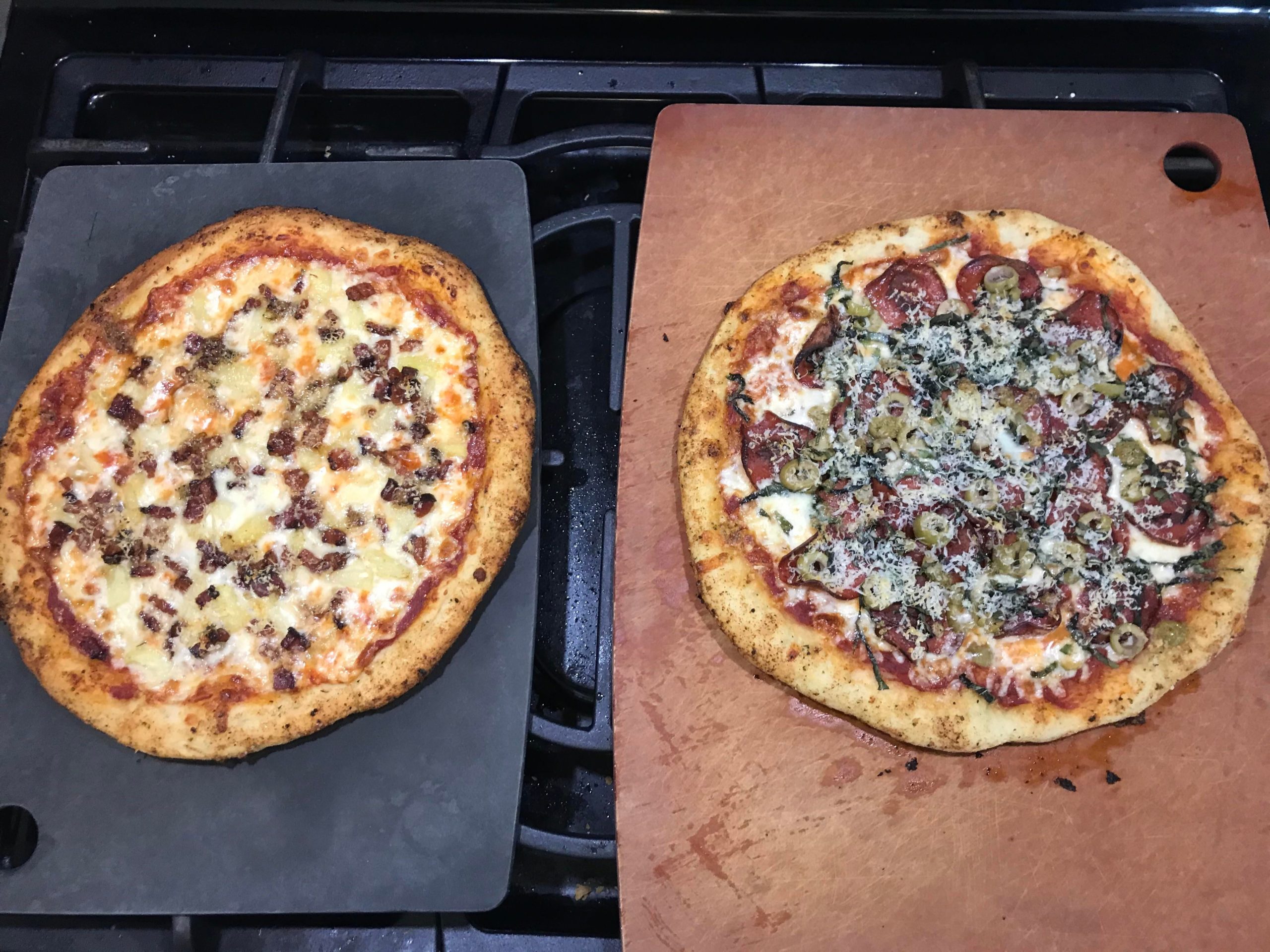 Family Pizza Night! Hawaiian and Pepperoni and Green olive. Dining