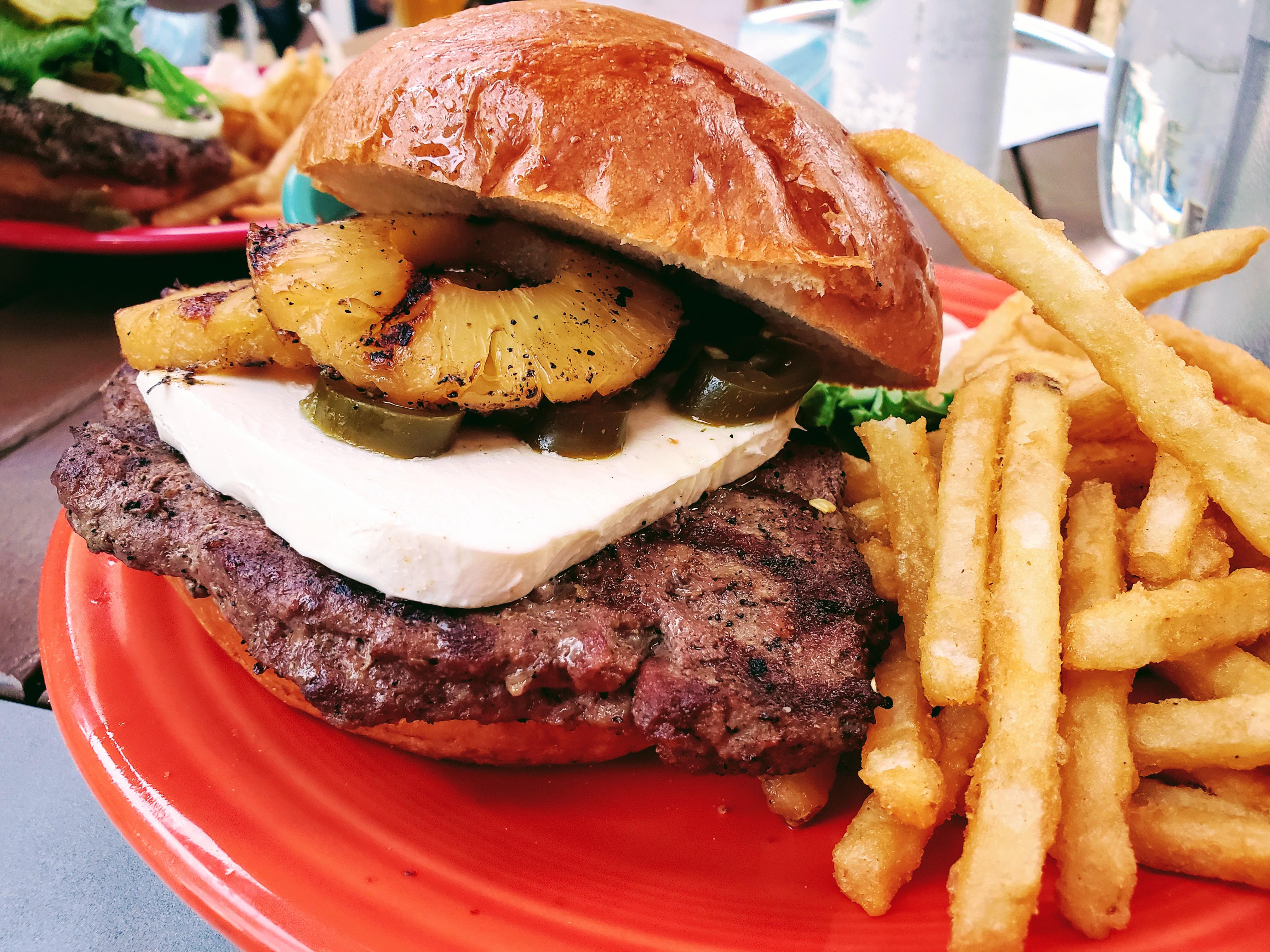 1/2 lb burger with cream cheese, jalapeños and teriyaki pineapple
