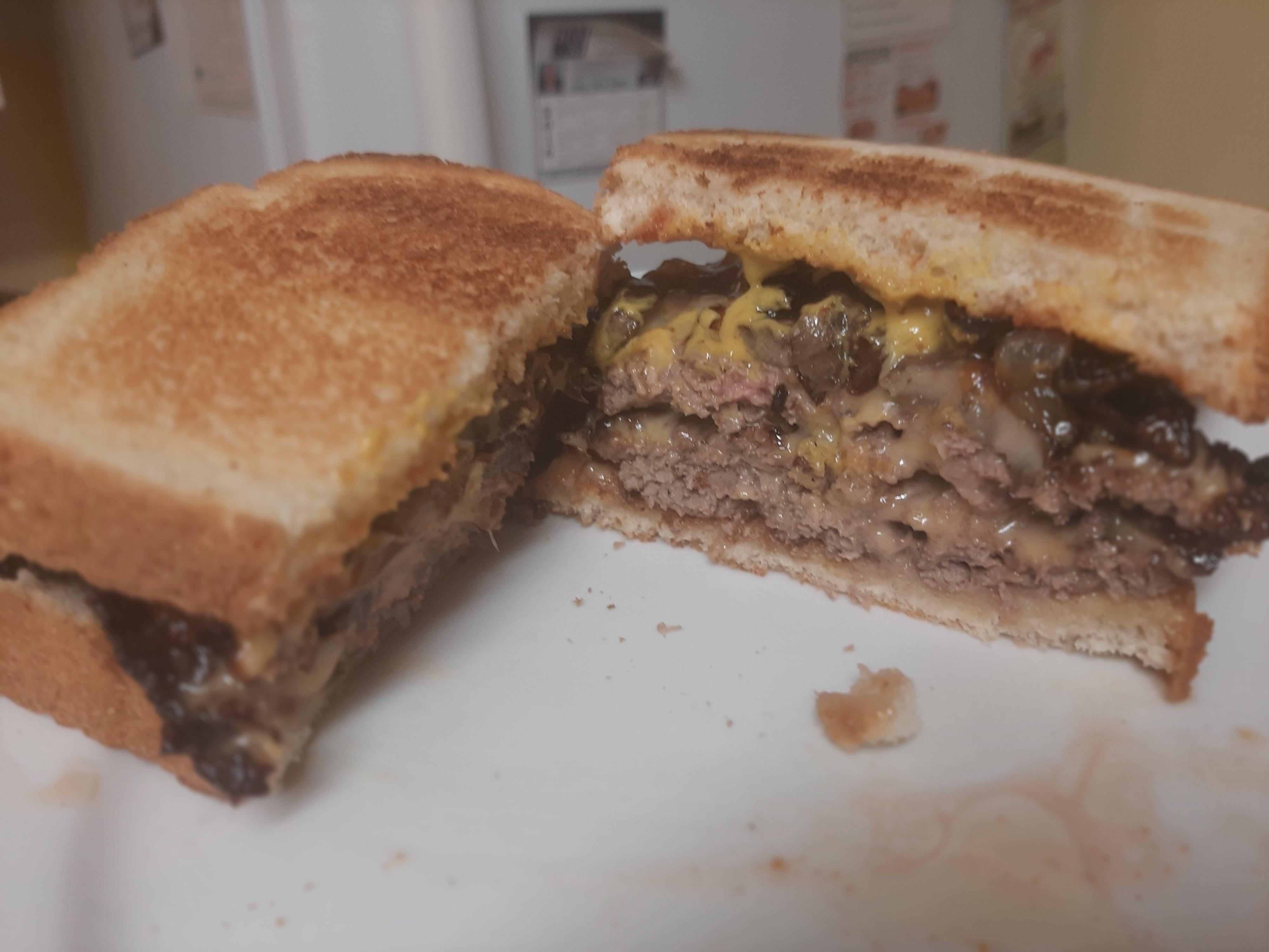 Double Patty Melt with fried onions and mushrooms Dining and Cooking