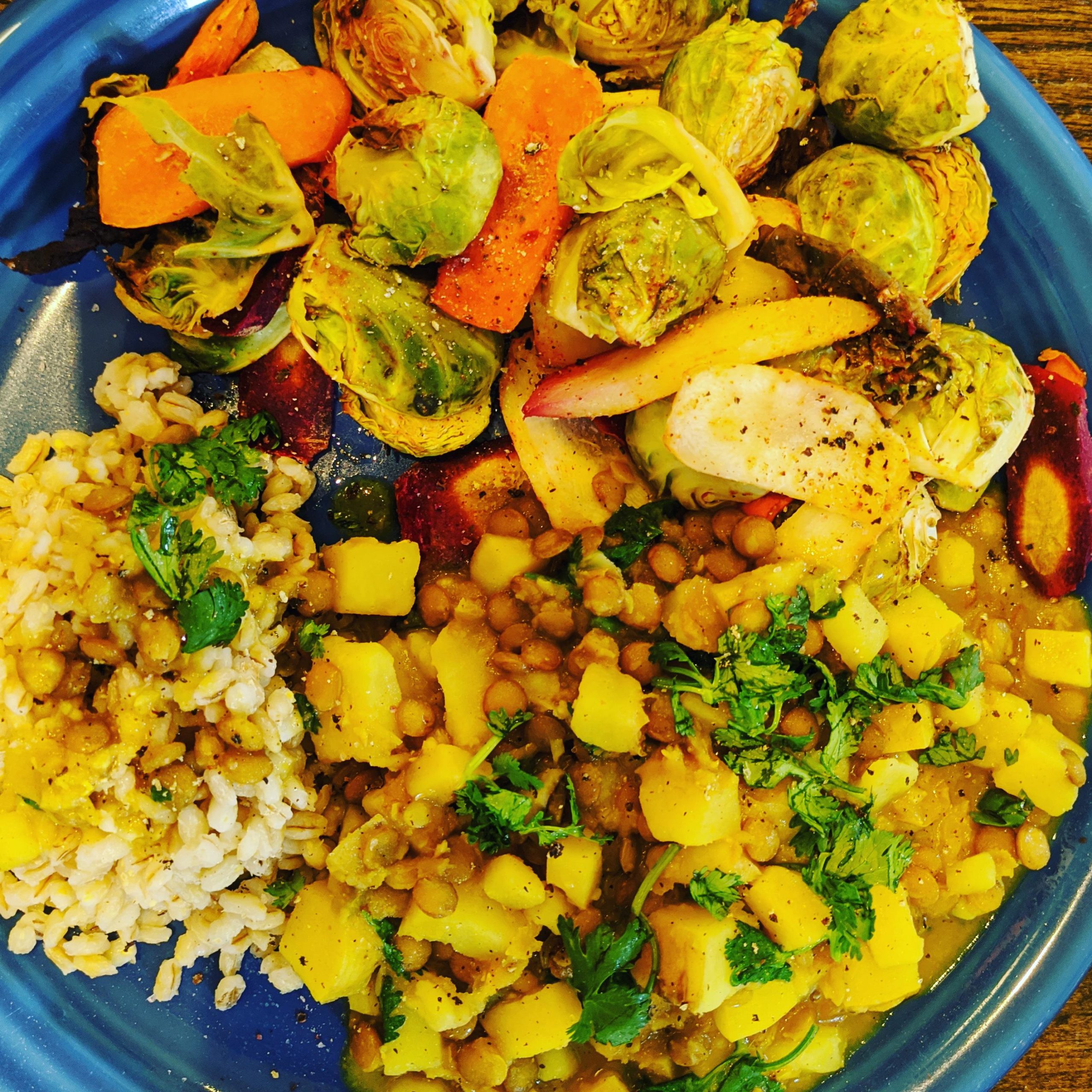 Sweet potato dal, pearled barley, roasted brussels and carrots [dal
