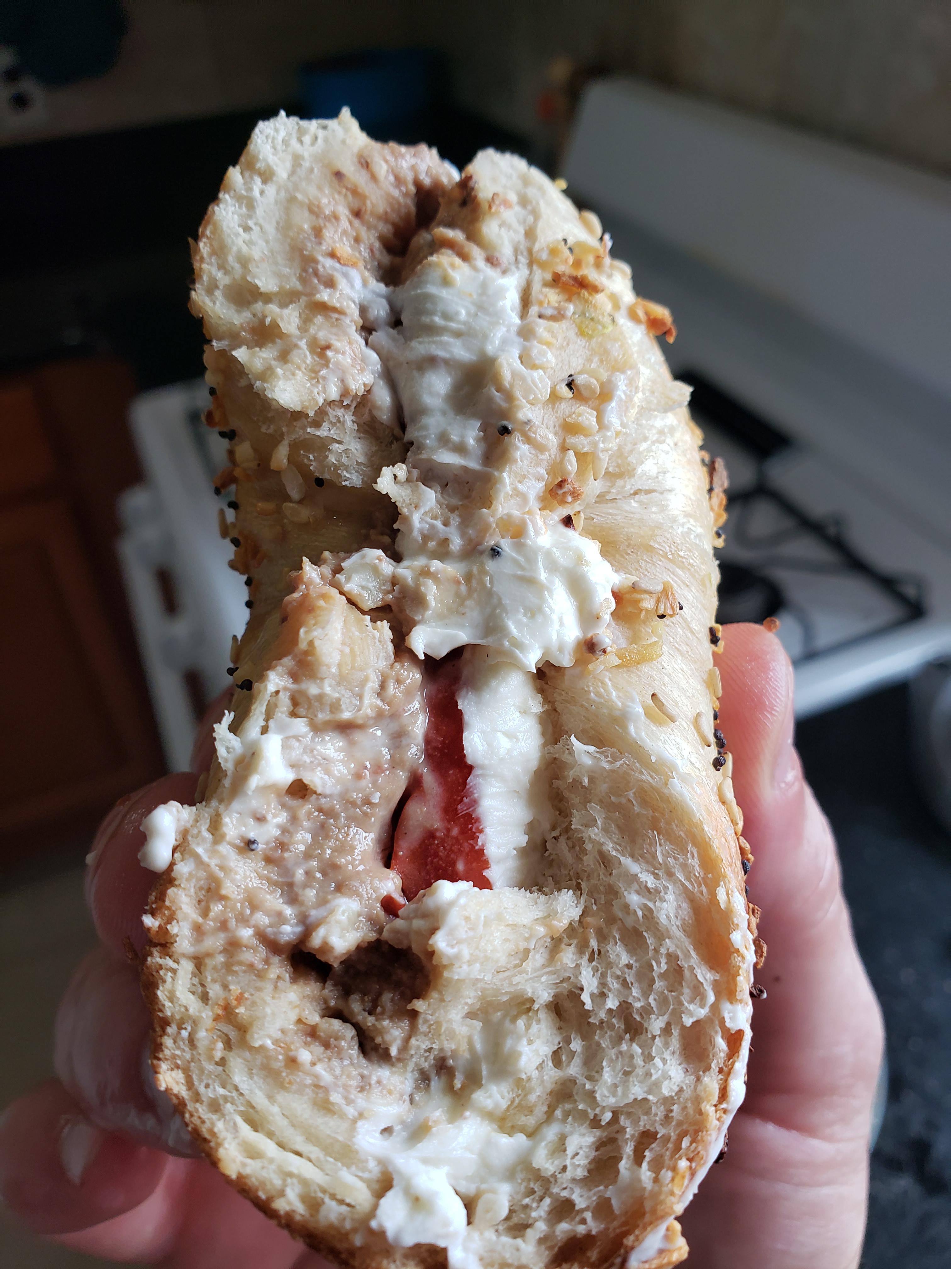 Everything bagel with cream cheese, chopped liver, and garden fresh