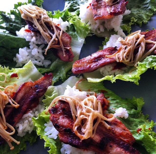 Korean BBQ pork belly, enoki, gochujang rice wraps Dining and Cooking