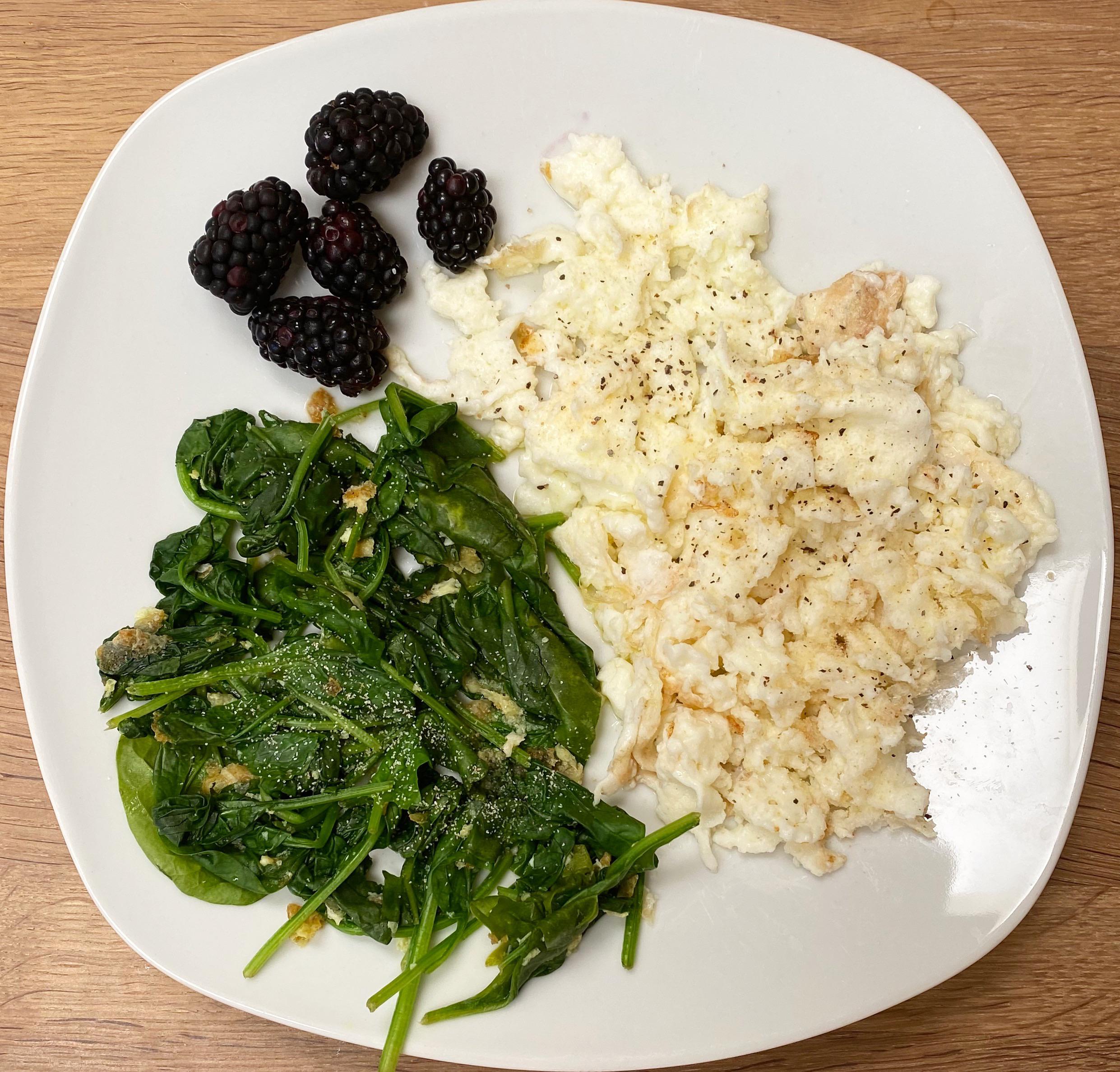 Egg whites, spinach, and blackberries. 130 calorie lunch Dining and