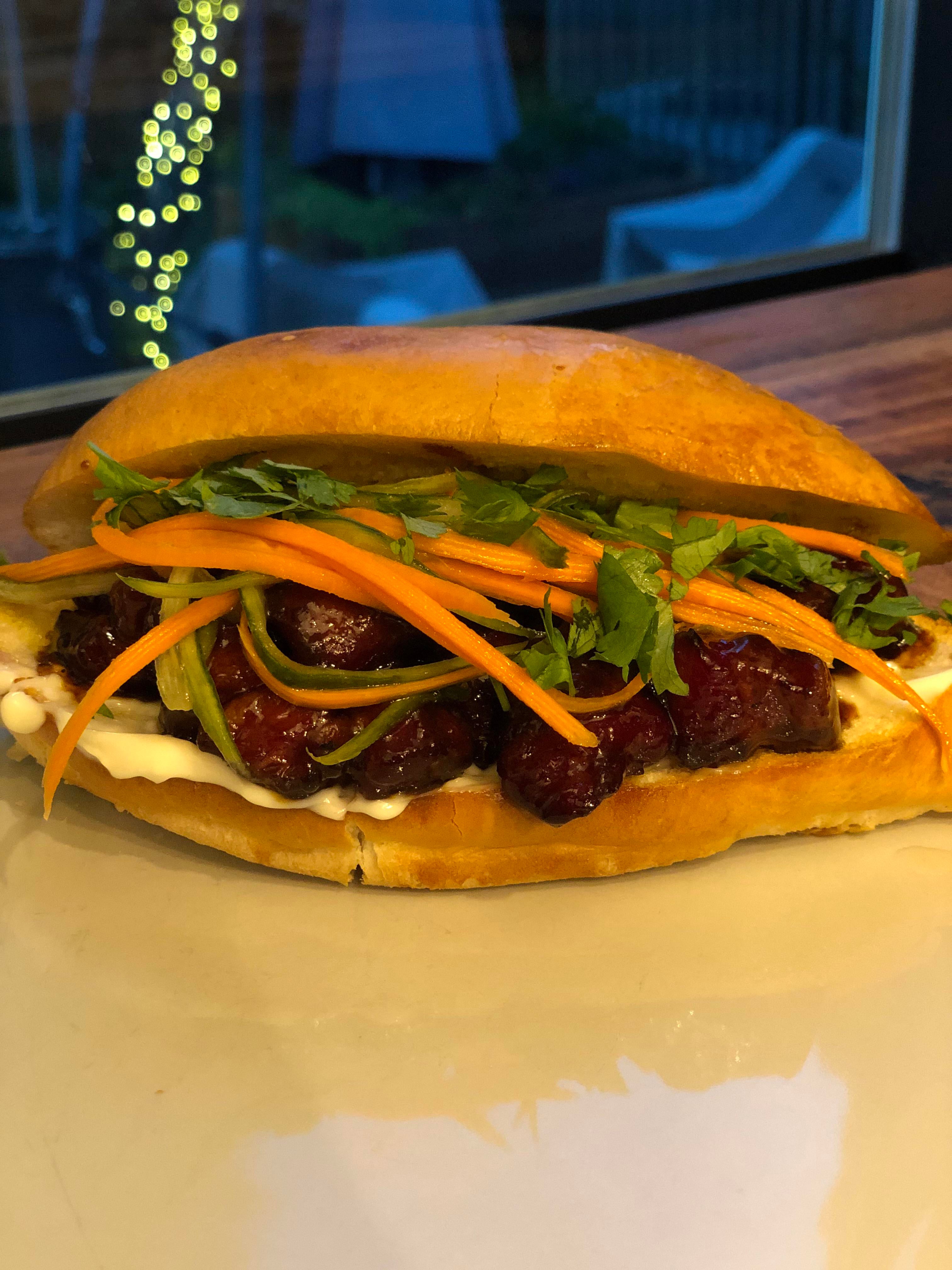 Made a pork belly Banh Mi sandwich on the Traeger today. Dining and