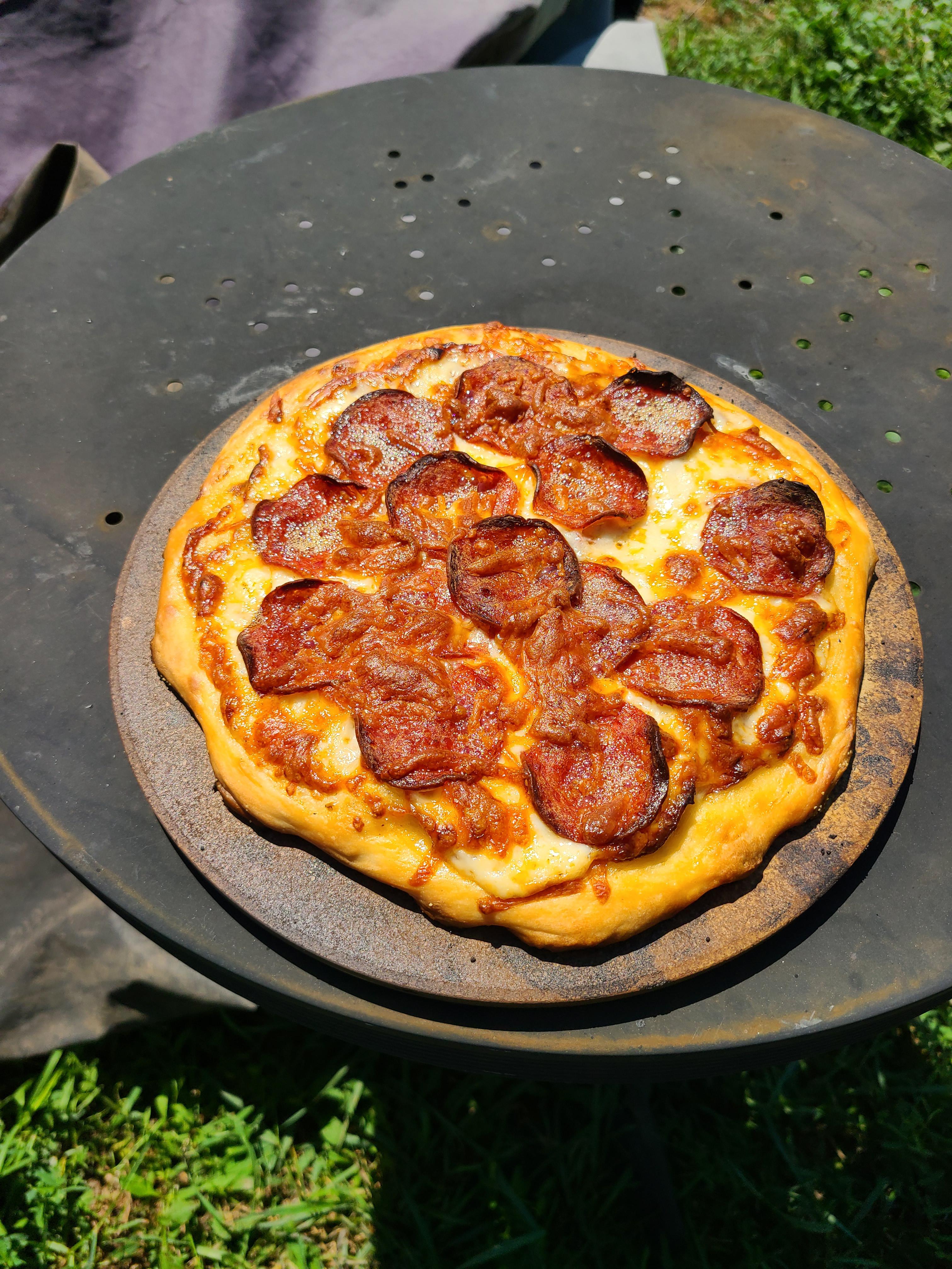 Second attempt at BBQ pizza on stone is a success. Love those crispy pepperoni cups. Dining