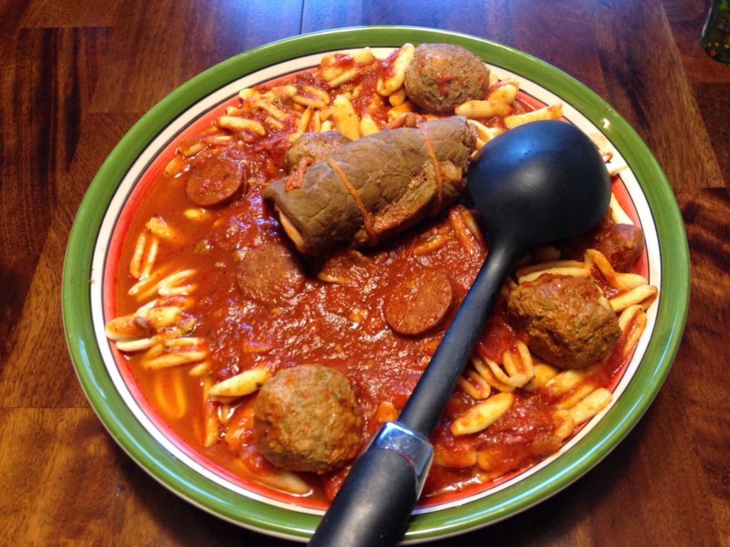 Braciole, meatballs, sausage, pepperoni, cavatelli