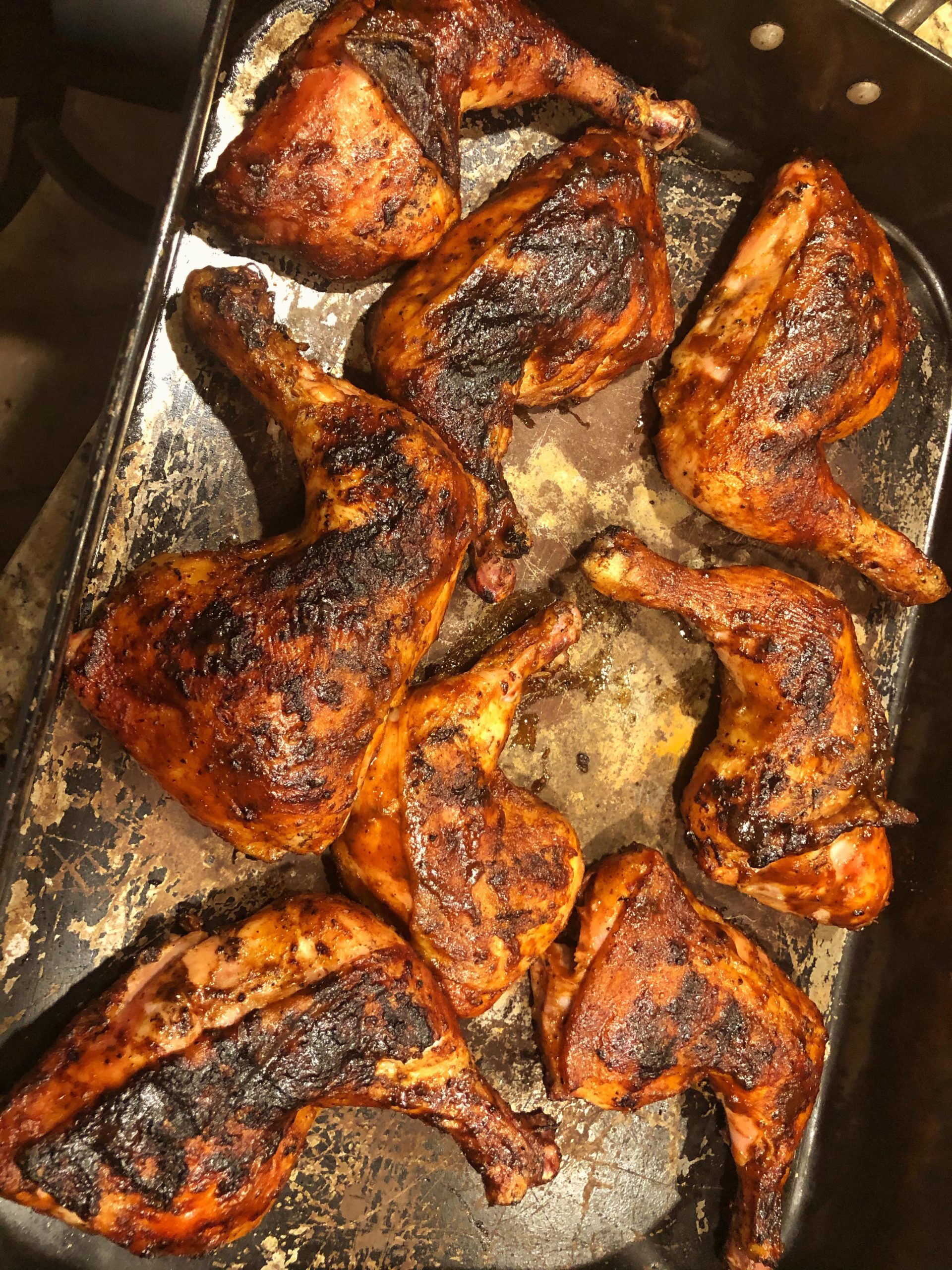 Smoked chicken quarters then seared in BBQ sauce Dining and Cooking