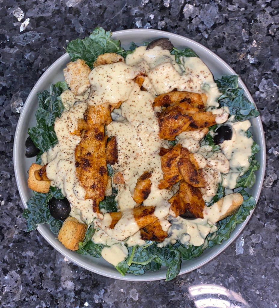 Dinosaur Kale Caesar w/ Daring “Chicken” Vegan Caesar dressing is home made.
