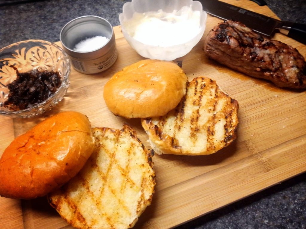 Midnight snack! Beef tenderloin, balsamic onions, garlic aioli on a grilled brioche bun..