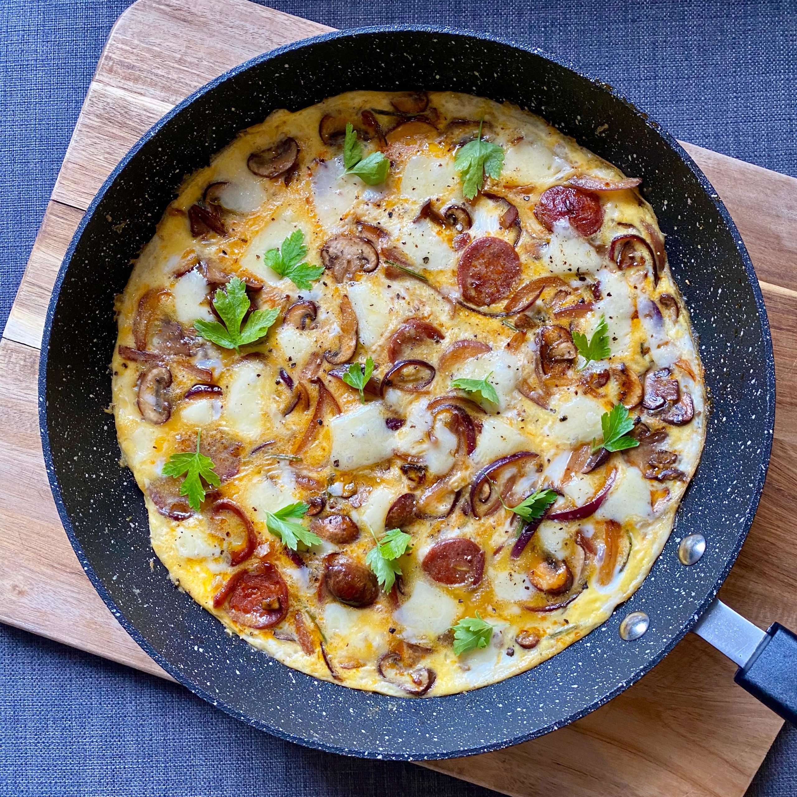 Chorizo, mushroom and red onion omelette with rosemary and mature