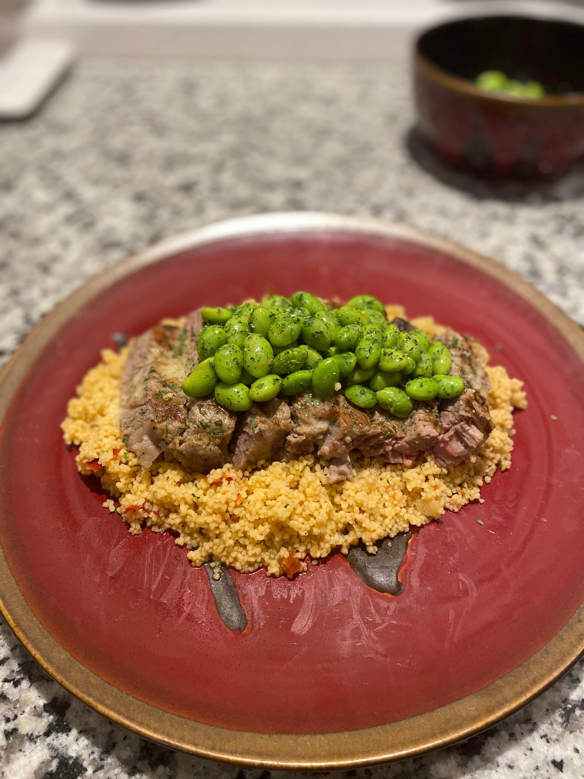 Spicy couscous with steak and edamame. Dining and Cooking