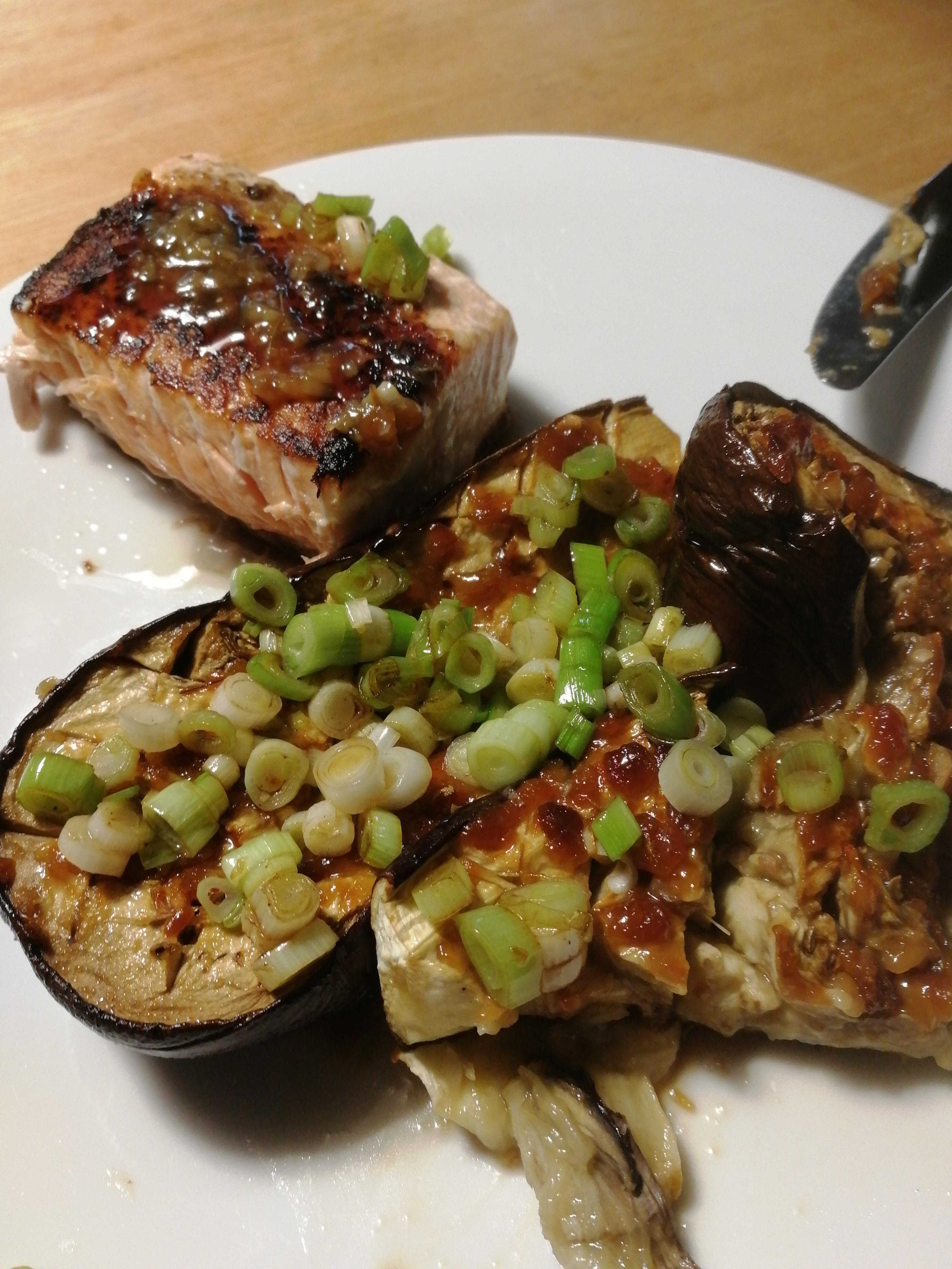 Miso honey glazed eggplants with seared salmon Dining and Cooking