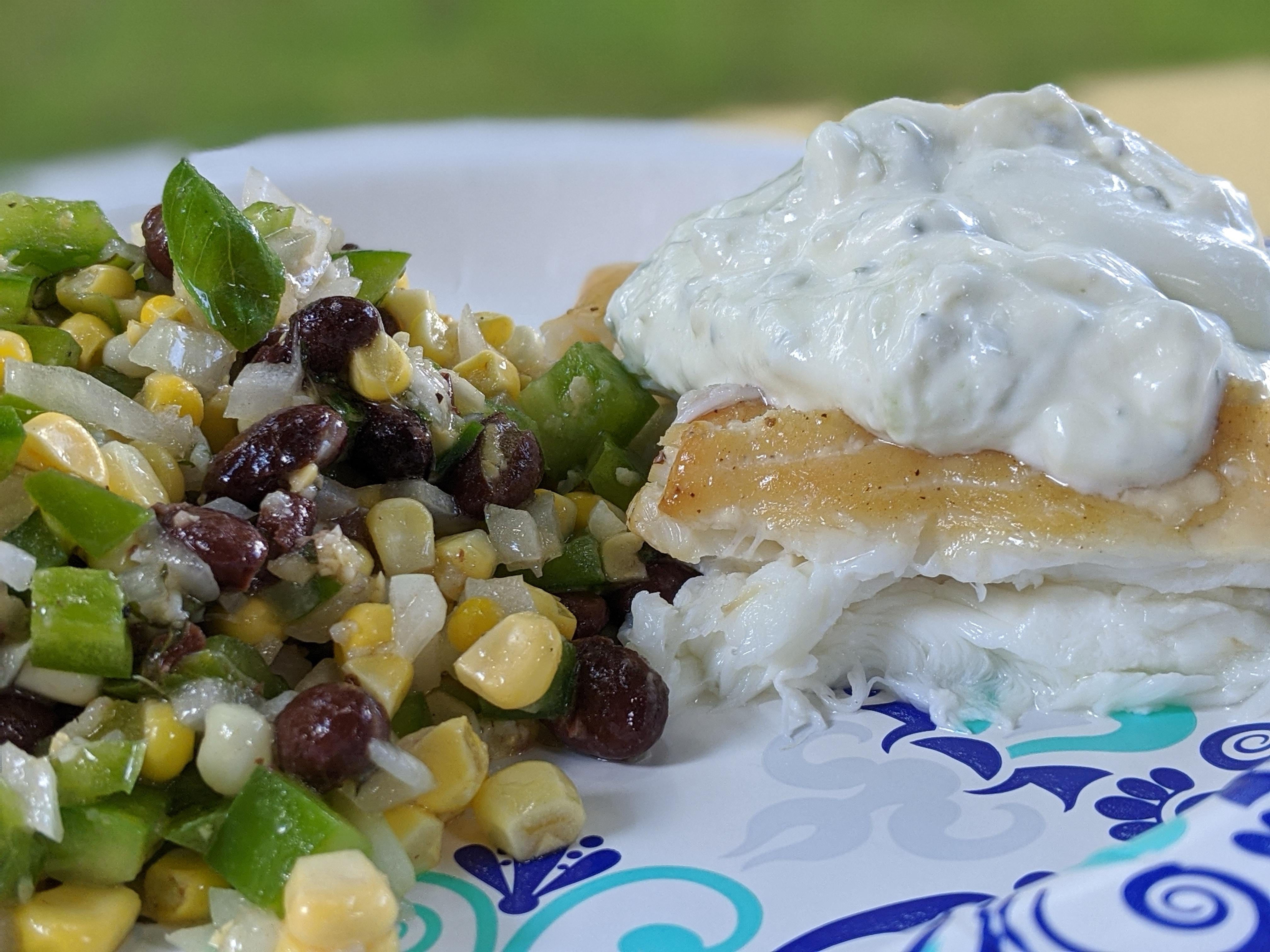Cured/smoked halibut, grilled corn salad. Summer vibes! Dining and