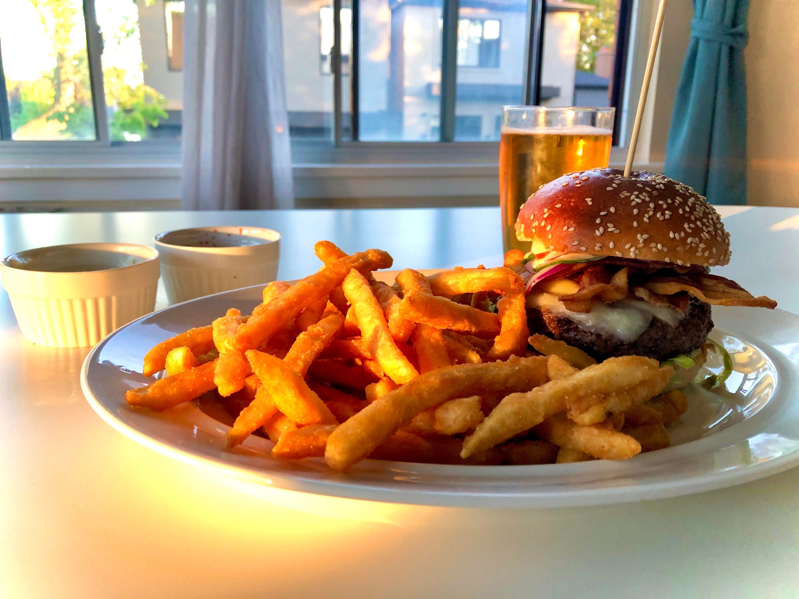 Flame licked Bacon cheese burger & battered fries Dining and Cooking