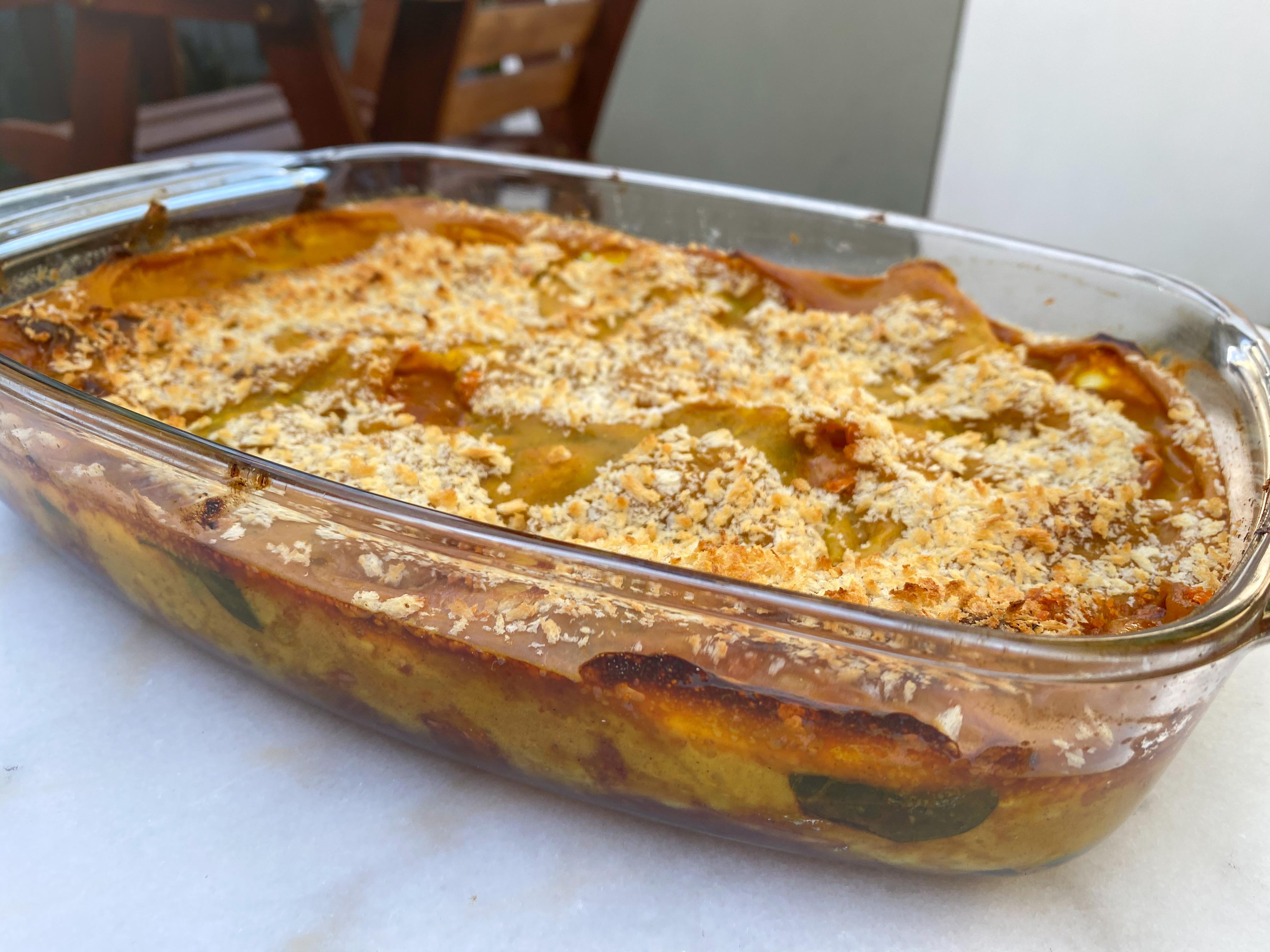 Smoked hickory jackfruit lasagne with caramelised aubergine, baby