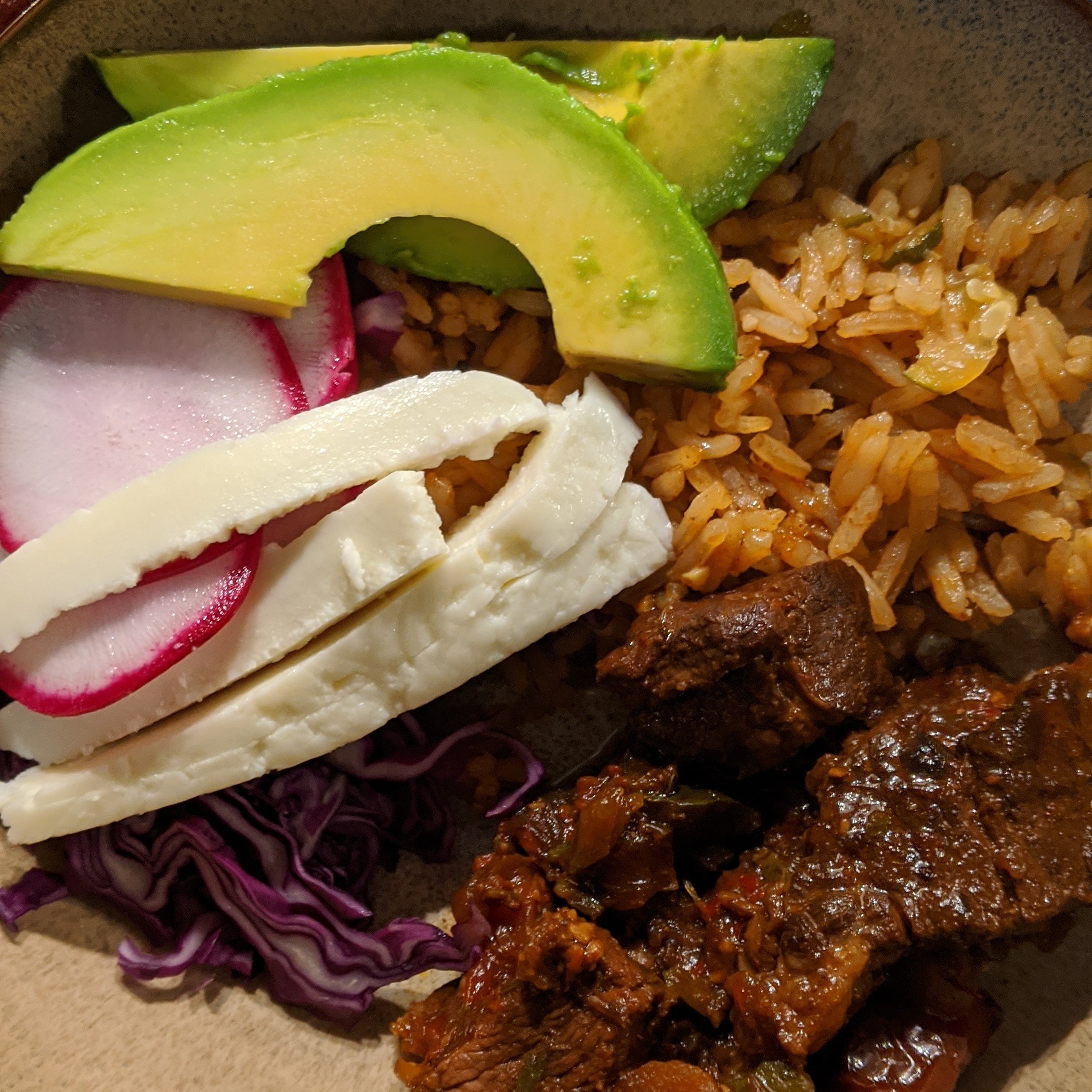 Chili Colorado with rice and fresh toppings Dining and Cooking