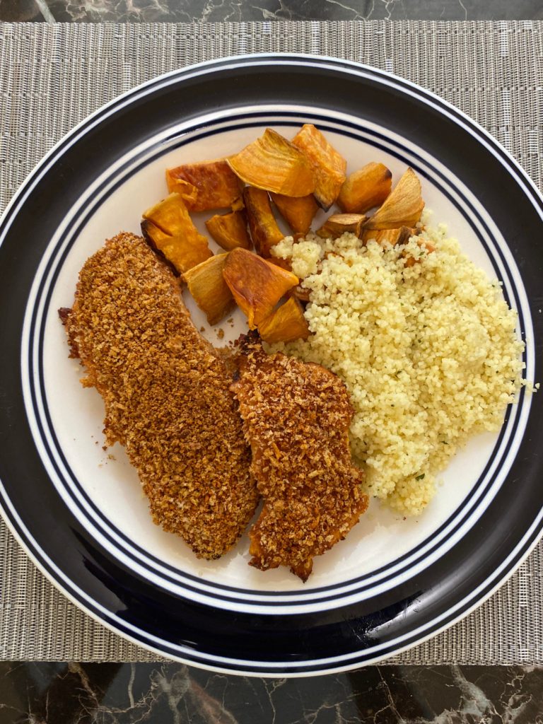 Parmesan crusted chicken, couscous, and roasted sweet potato!