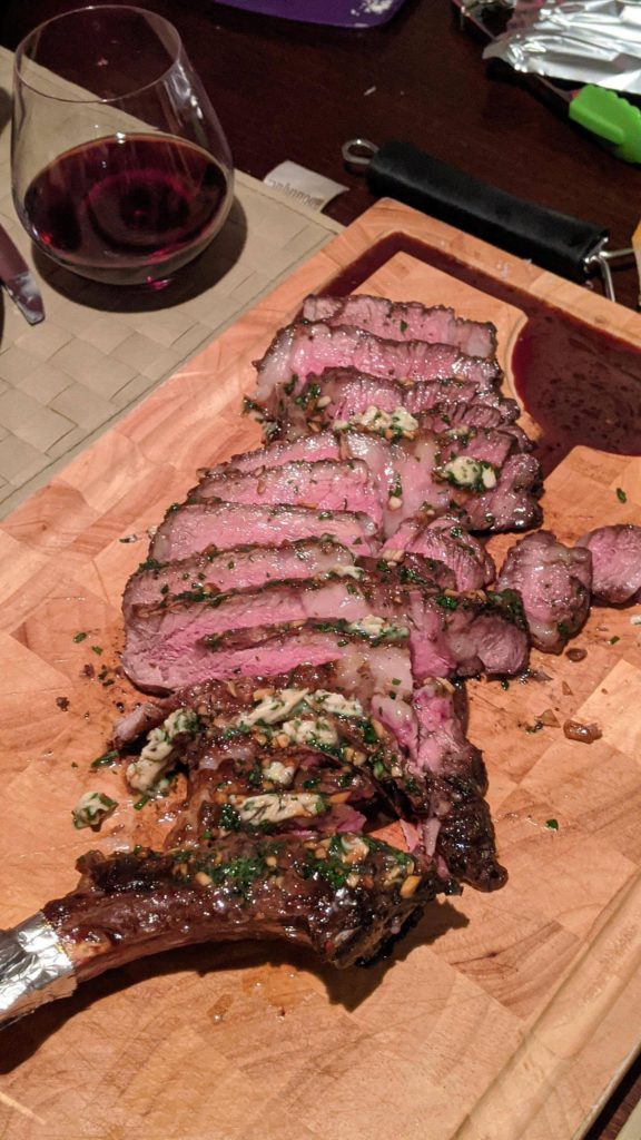 Tomahawk steak with homemade garlic butter. It was delicious!