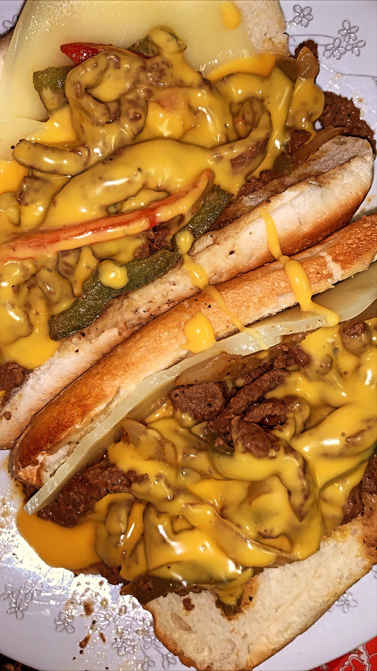 Homemade Philly with cayenne pepper added. Provolone, cheese whiz