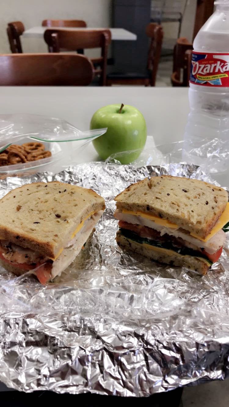 Rye bread, mayo, sharp cheddar, spinach, Roma tomato, peppered turkey