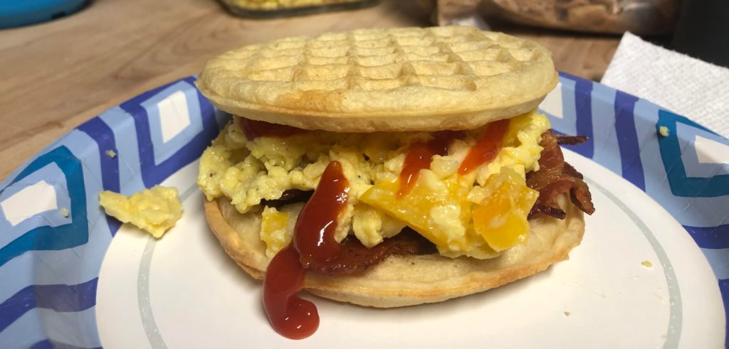 Scrambled Egg w/ Yellow Bell Pepper & Havarti, Bacon and Ketchup on Eggo