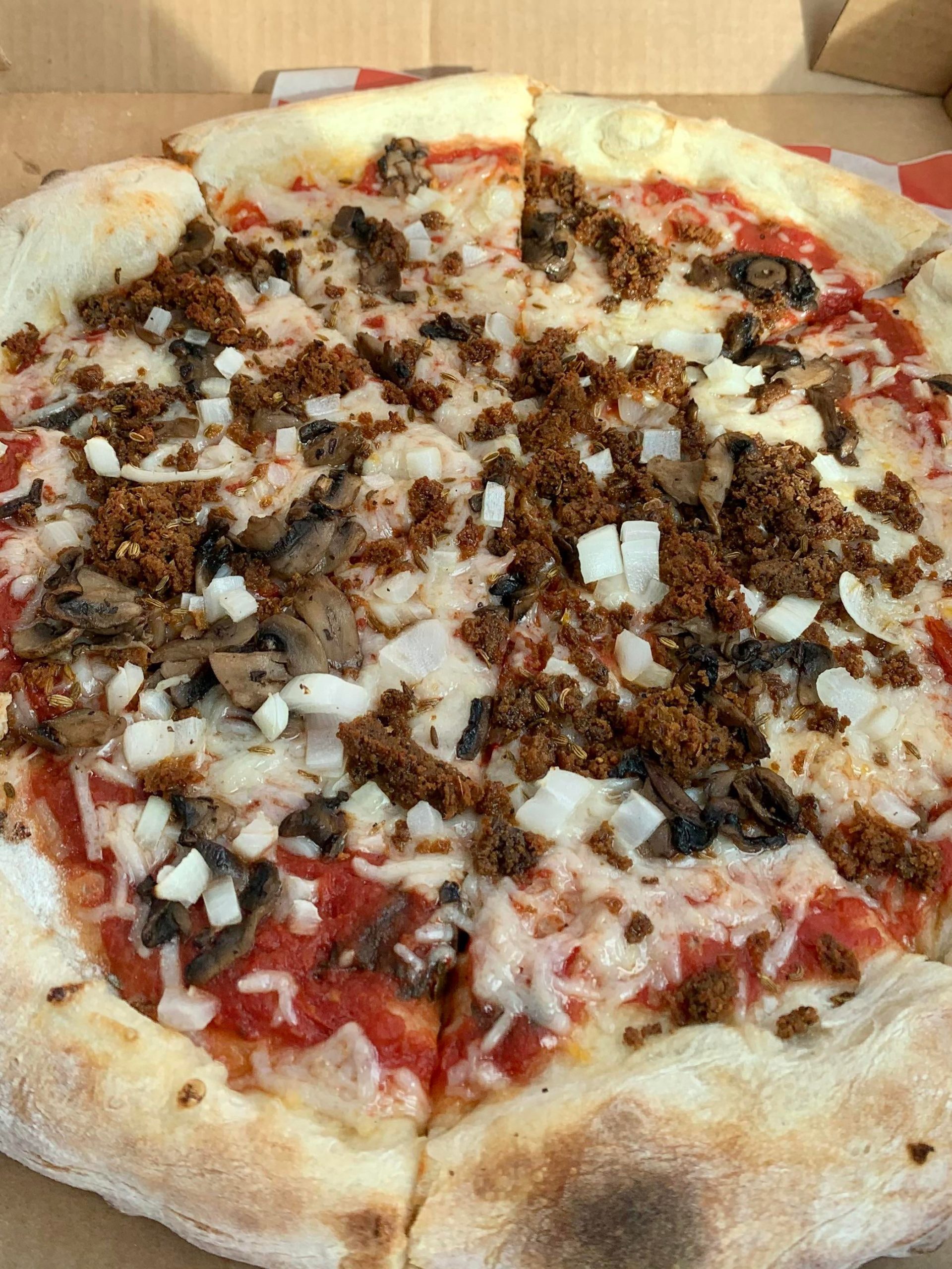 Seitan Italian sausage pizza from Beer styles Taproom & Gastropub in