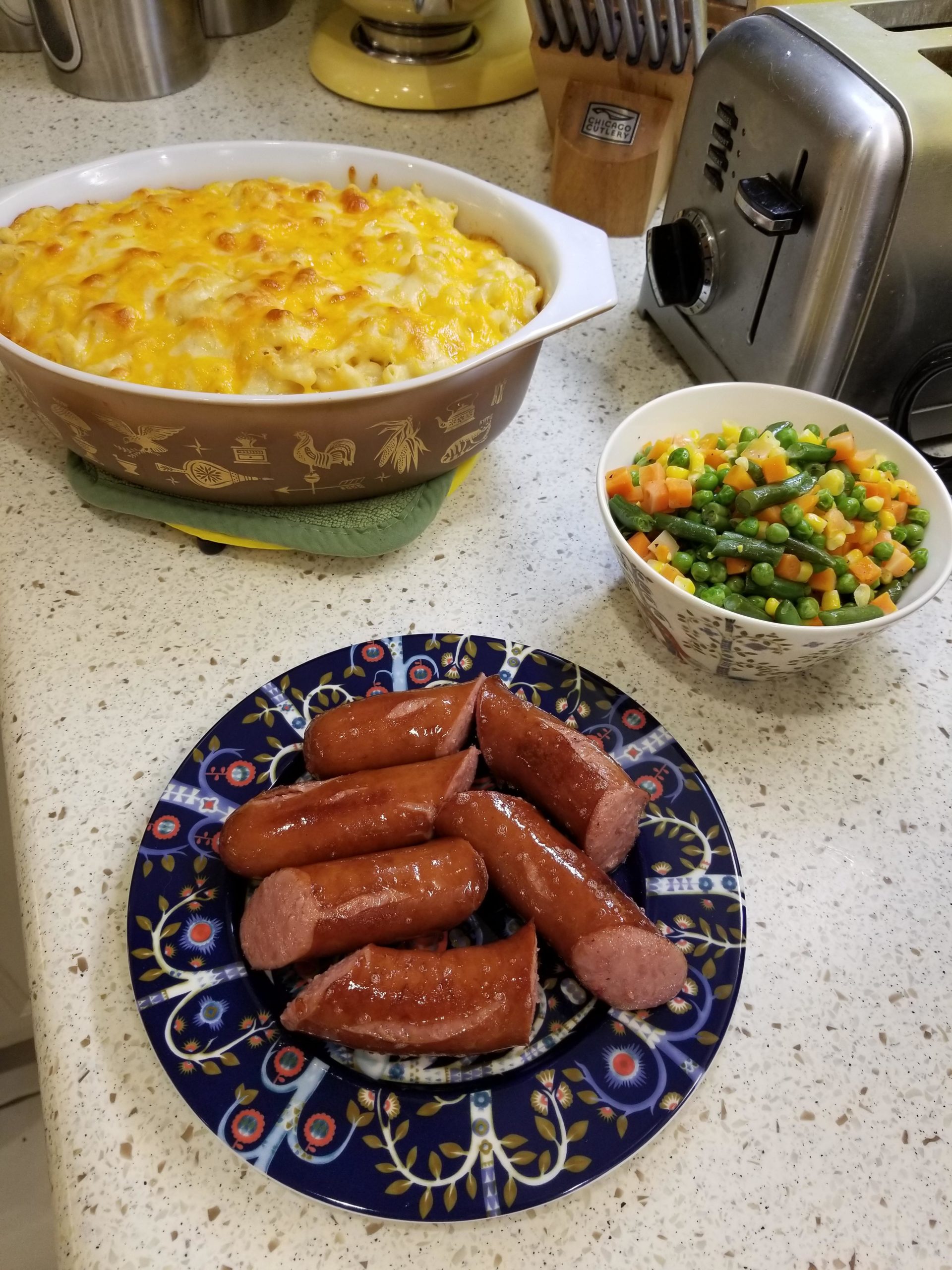 Kielbasa, Mac and Cheese and Frozen Mixed Veg kinda like Mom used to