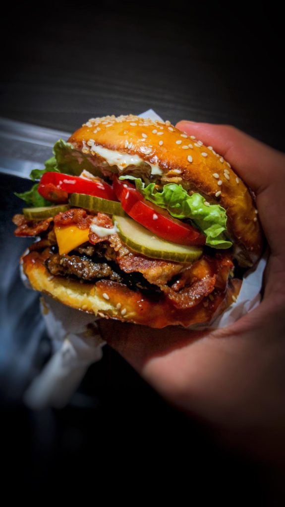 Double Smashburger with Bacon on Homemade Bun with Homemade Pickles