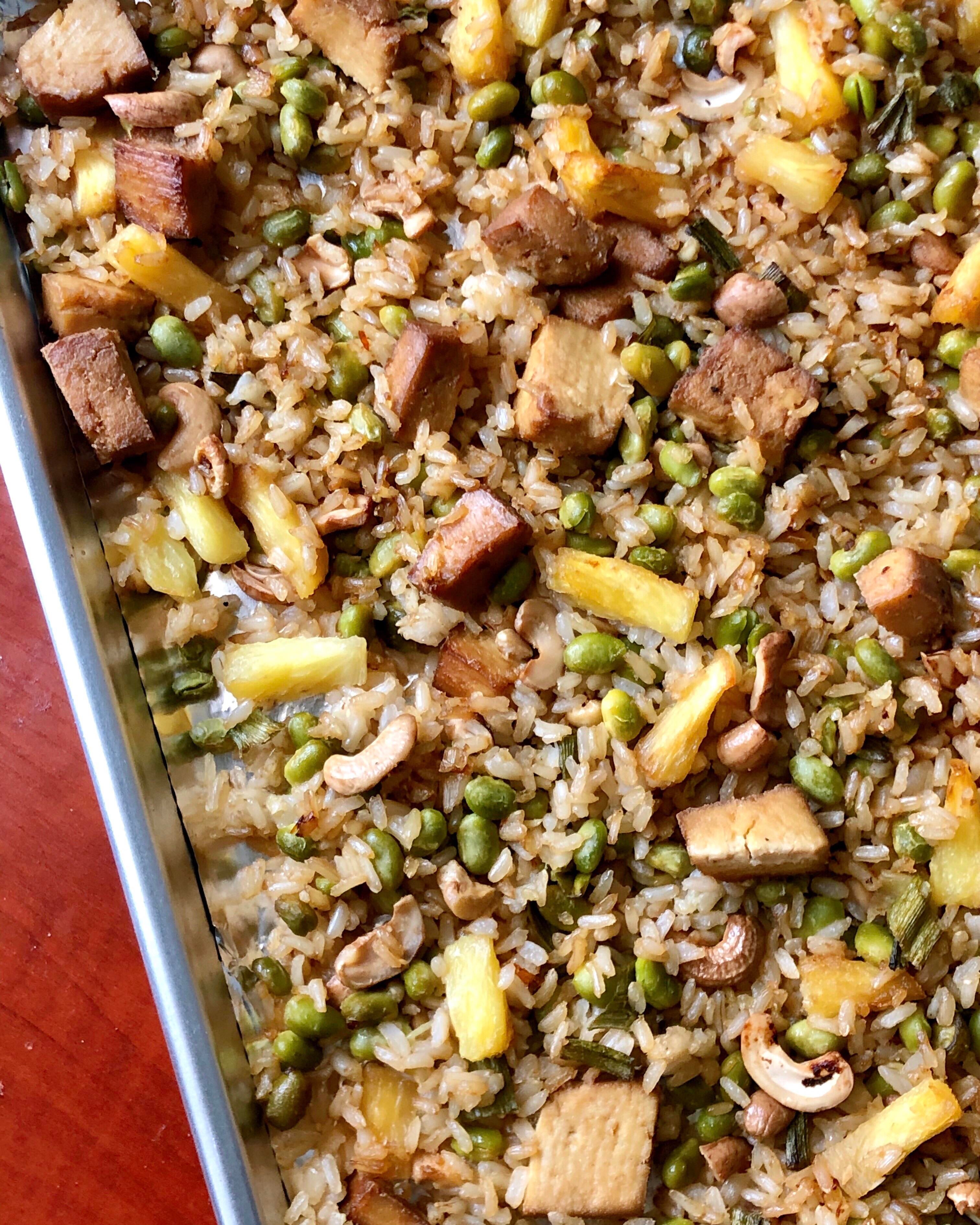 Sheet Pan Fried Rice with Tofu, Pineapple, Edamame and Cashews Dining