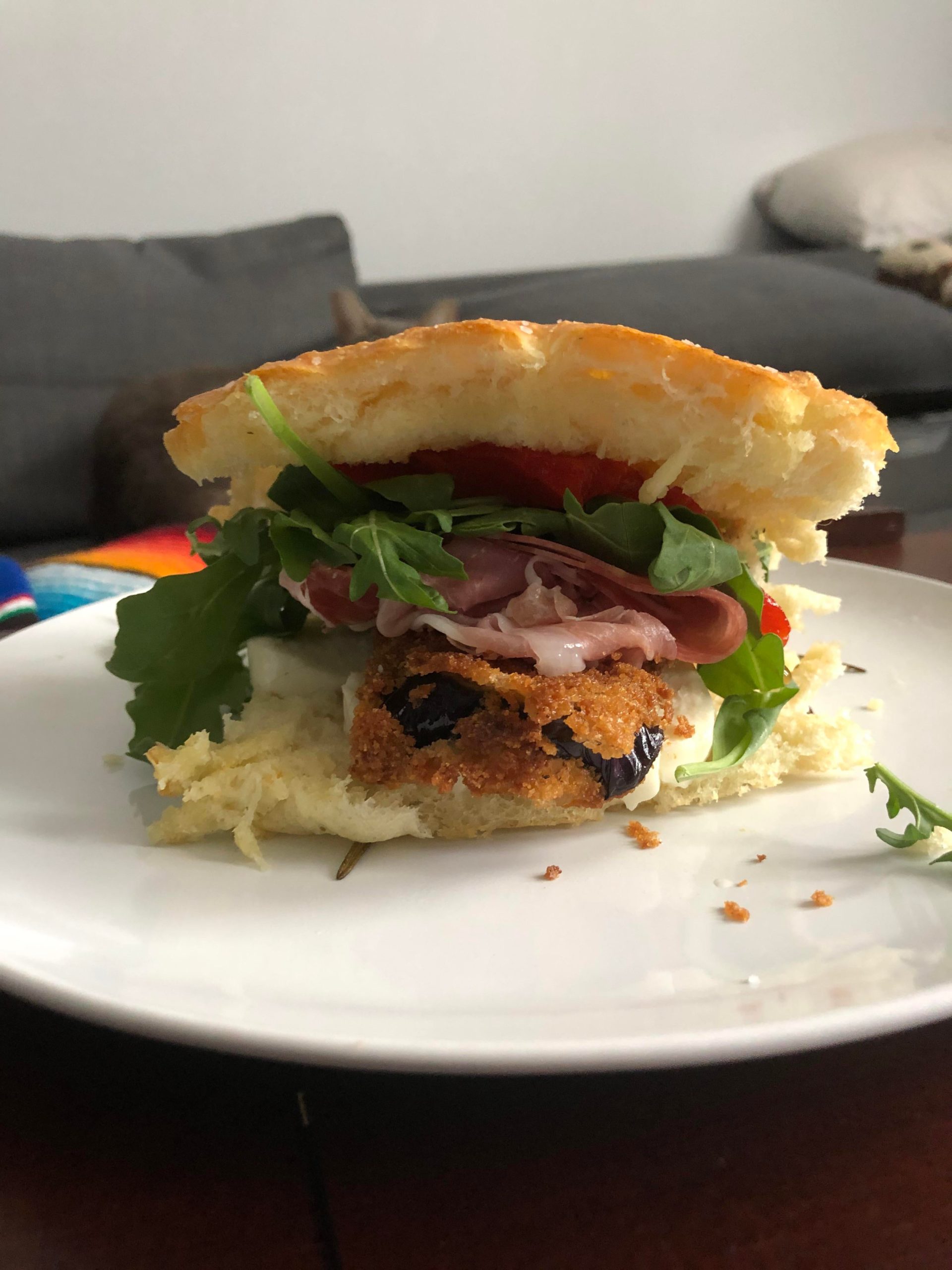 Italian Sandwich with homemade focaccia, eggplant, prosciutto