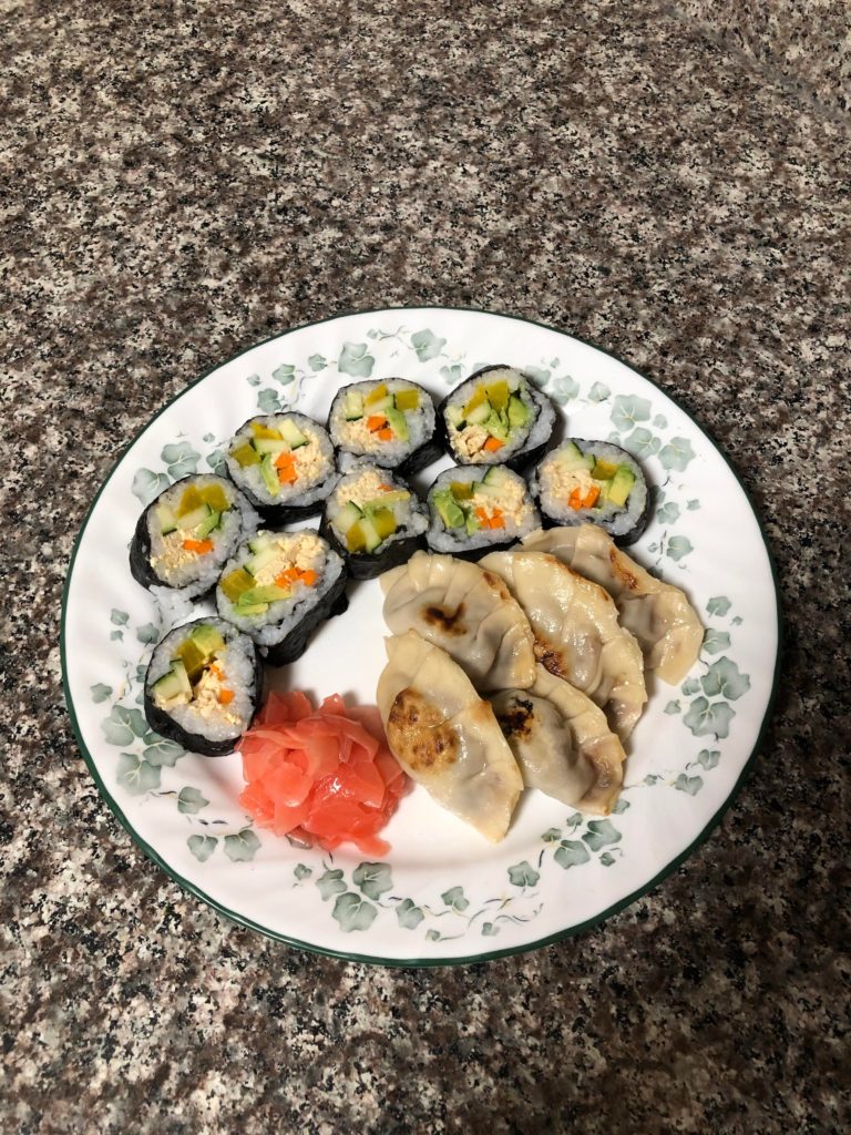 Homemade sushi and dumplings! Even made the dumpling wrappers :)