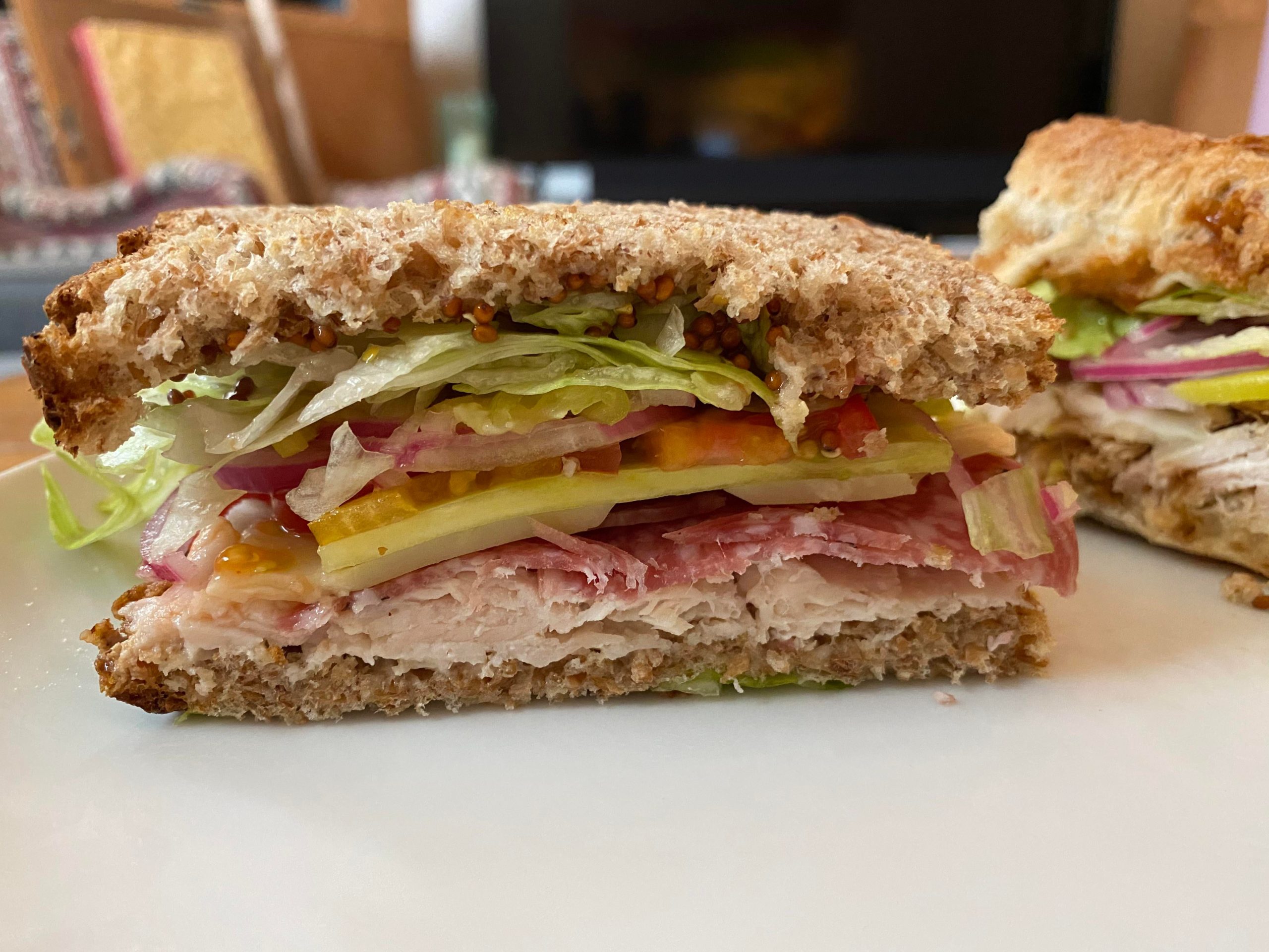 Turkey, salami, swiss, tomato, pickled onion, shredded iceberg, mayo