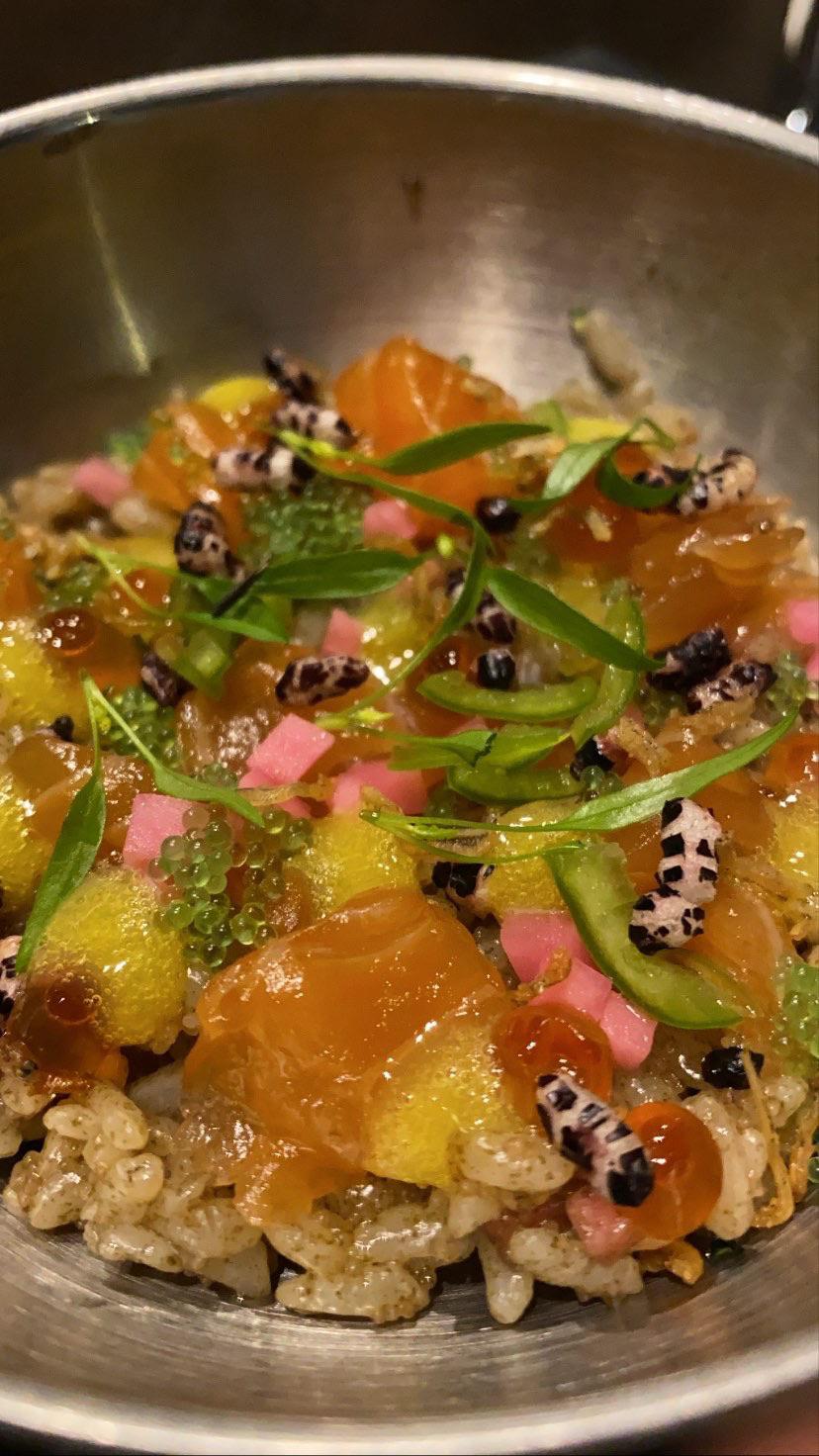 Salmon Bibimbap With Wasabi Tobiko Micro Greens Egg Yolk And Pickled Radish Dining And Cooking