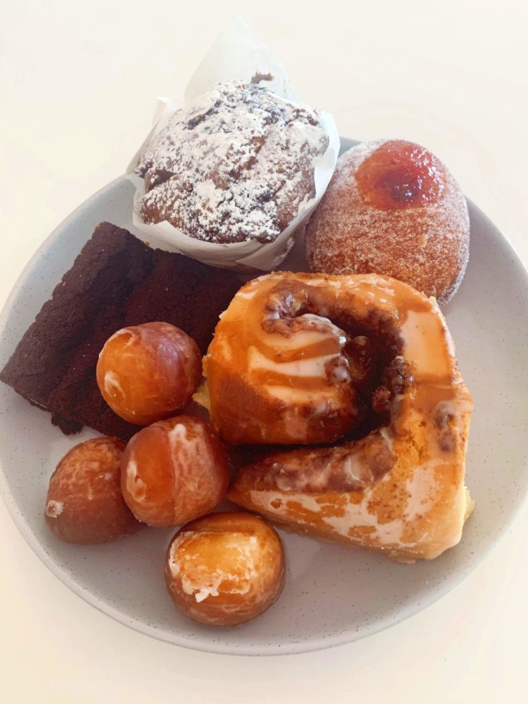 Berry choc muffin. Jam bronut. Apple caramel cinnamon scroll. Donut holes. Brownie. Mister Nice Guys Bakeshop, Melbourne.
