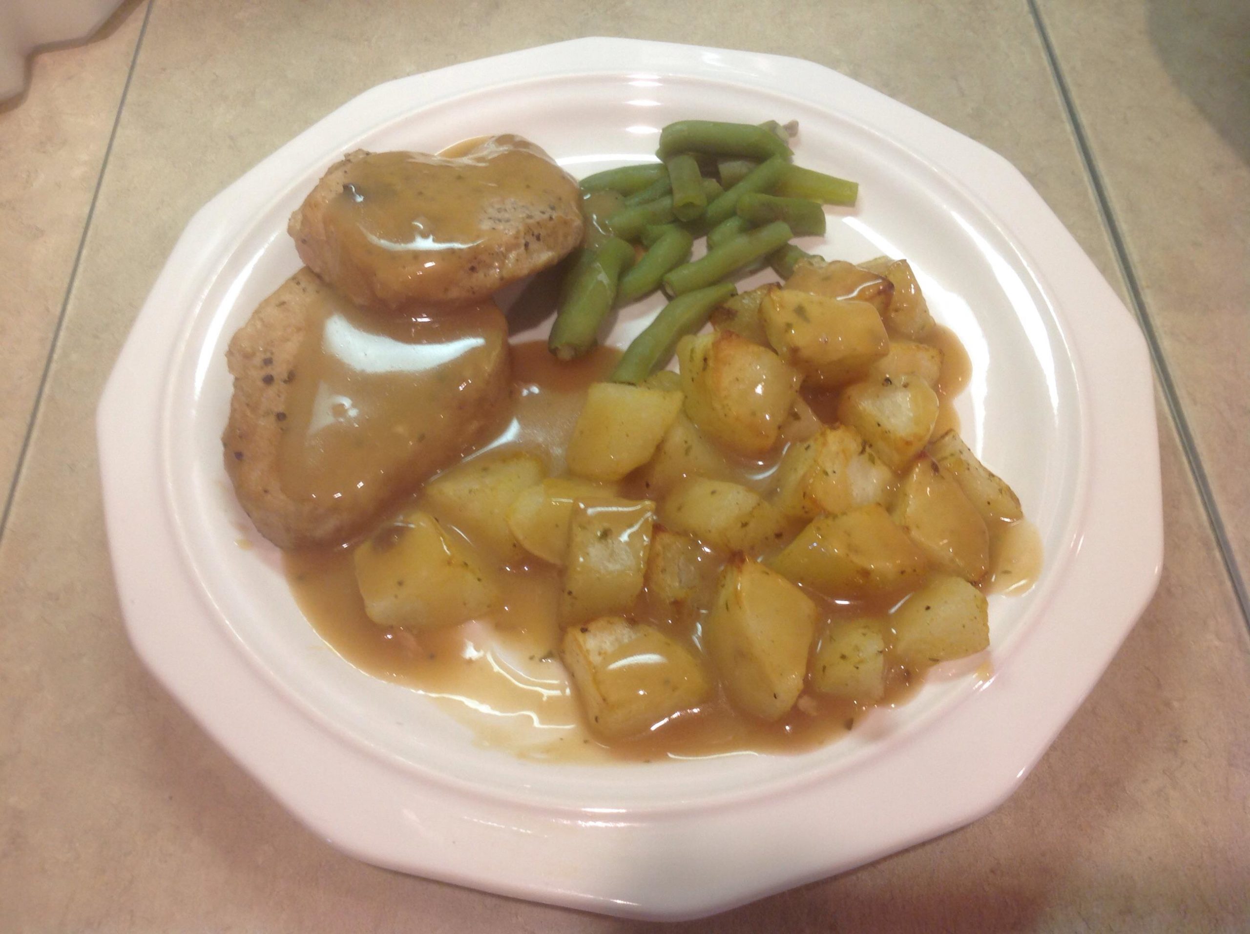 Instant pot boneless pork chops & gravy, air fryer potatoes and