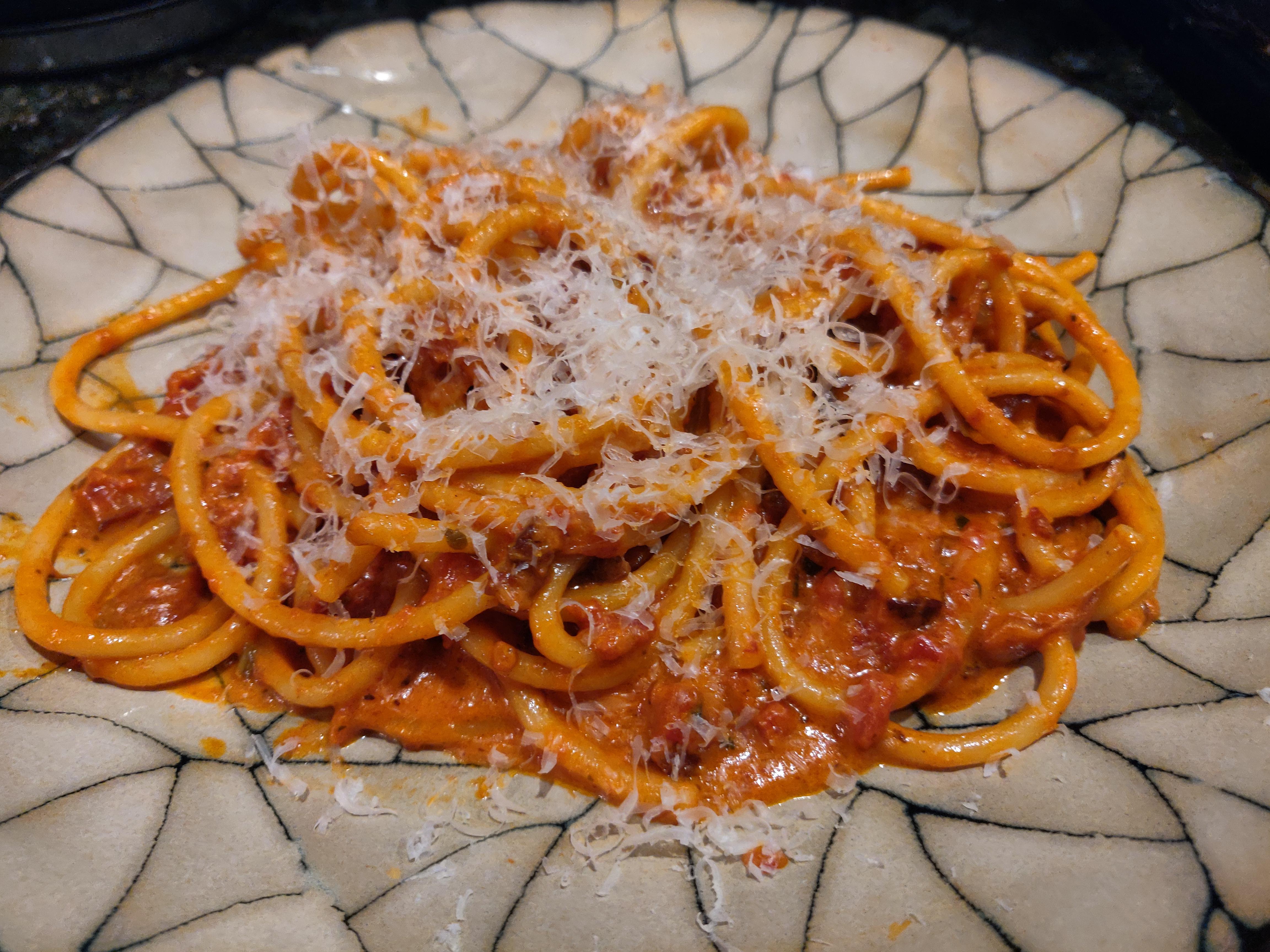 Bucatini with Tomato Cream Sauce and Pancetta Dining and Cooking