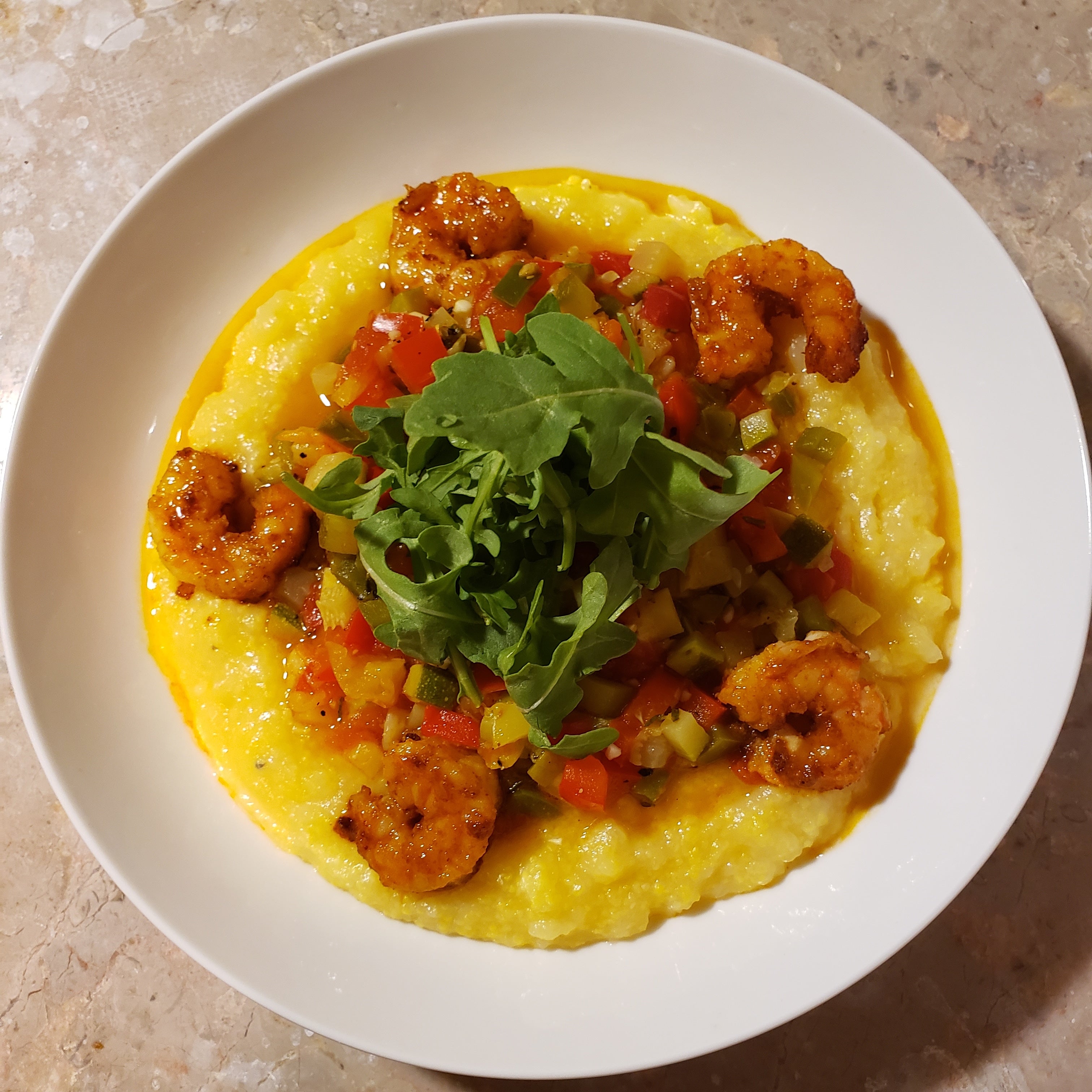 Cheesy Parmesan Polenta with Vegetable Medley, Spicy Shrimp & topped