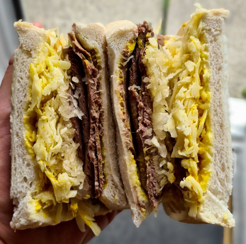 Lots of leftovers, so here’s another. Lamb meatloaf, sauerkraut, spicy